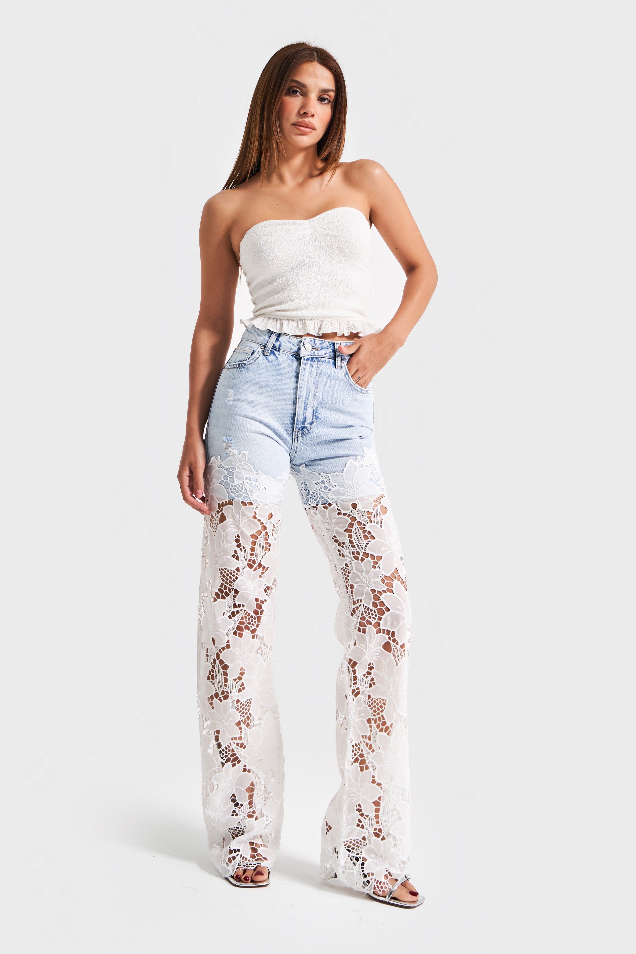 Kadın Kot Rengi 12s5-100 Dantel Kot Çift Parça Straight Fit Dantel Detaylı Tasarım Denim Jean