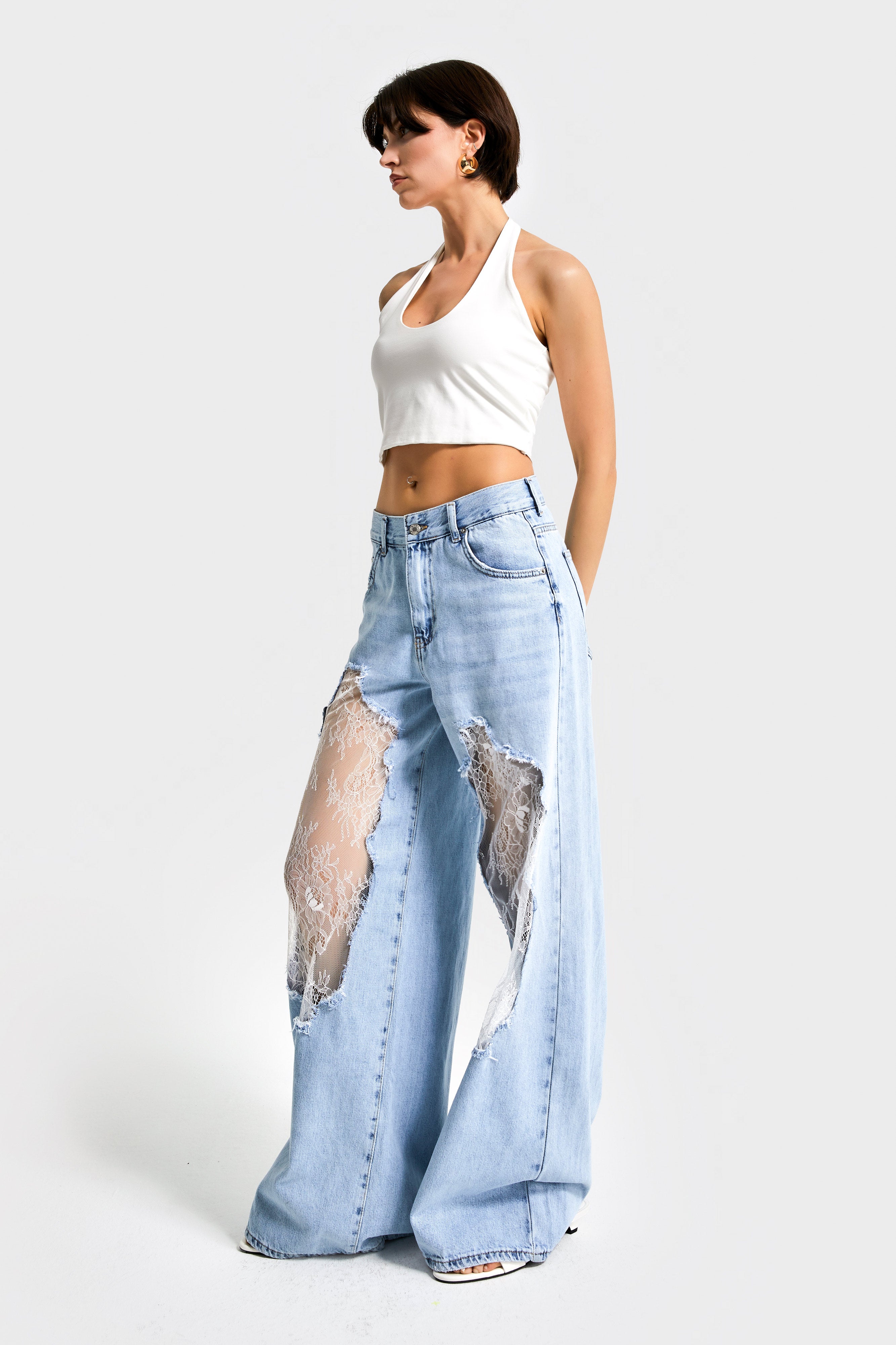 Kadın Kot rengi 12s5-27 Palazzo Fit Şeffaf Tül Dantel Detaylı %100 Koton Özel Tasarım Denim Jean