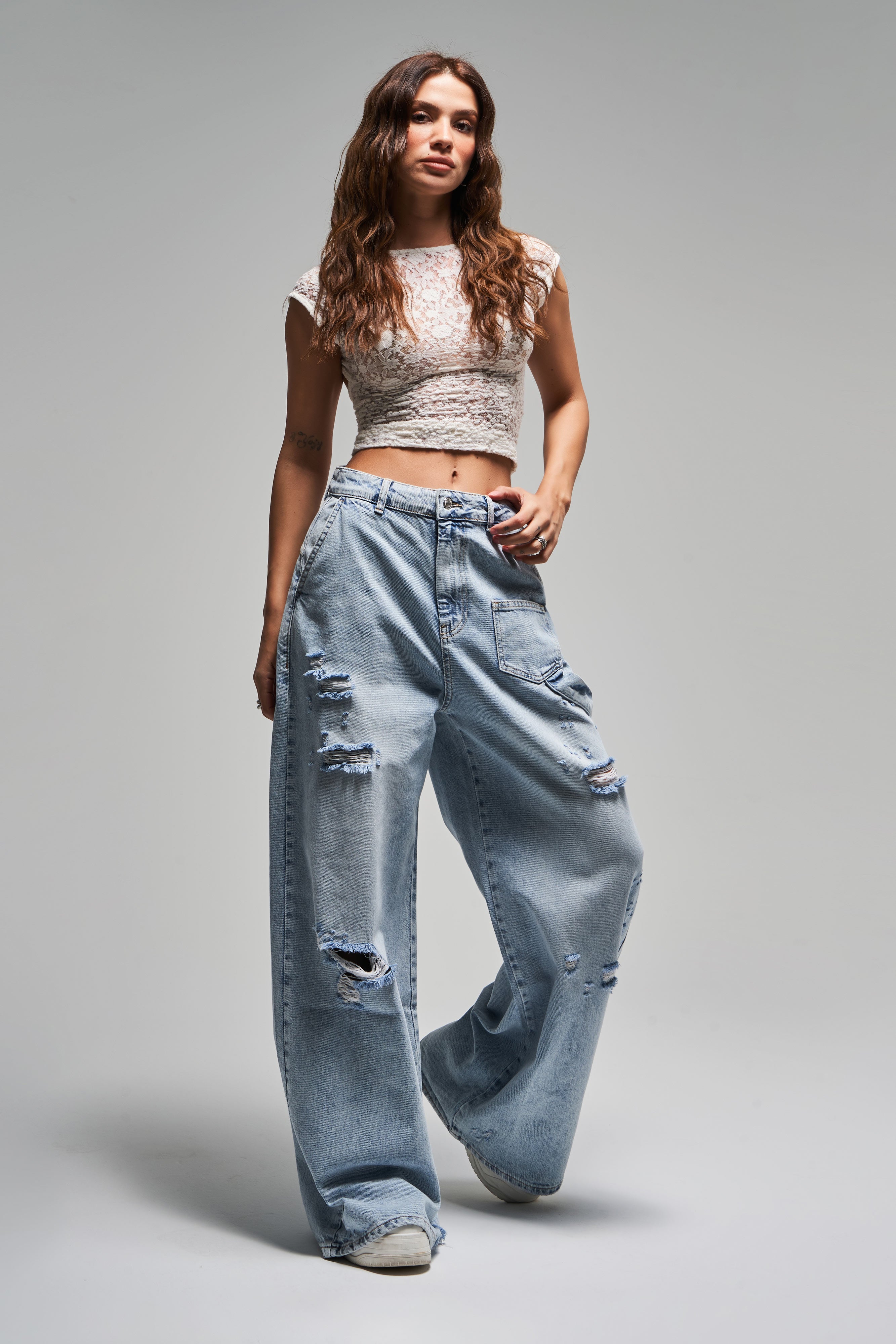 Kadın Kot Rengi 12S5-3 Mega Baggy Fit Süper Bol %100 Koton Orta Bel Denim Jean