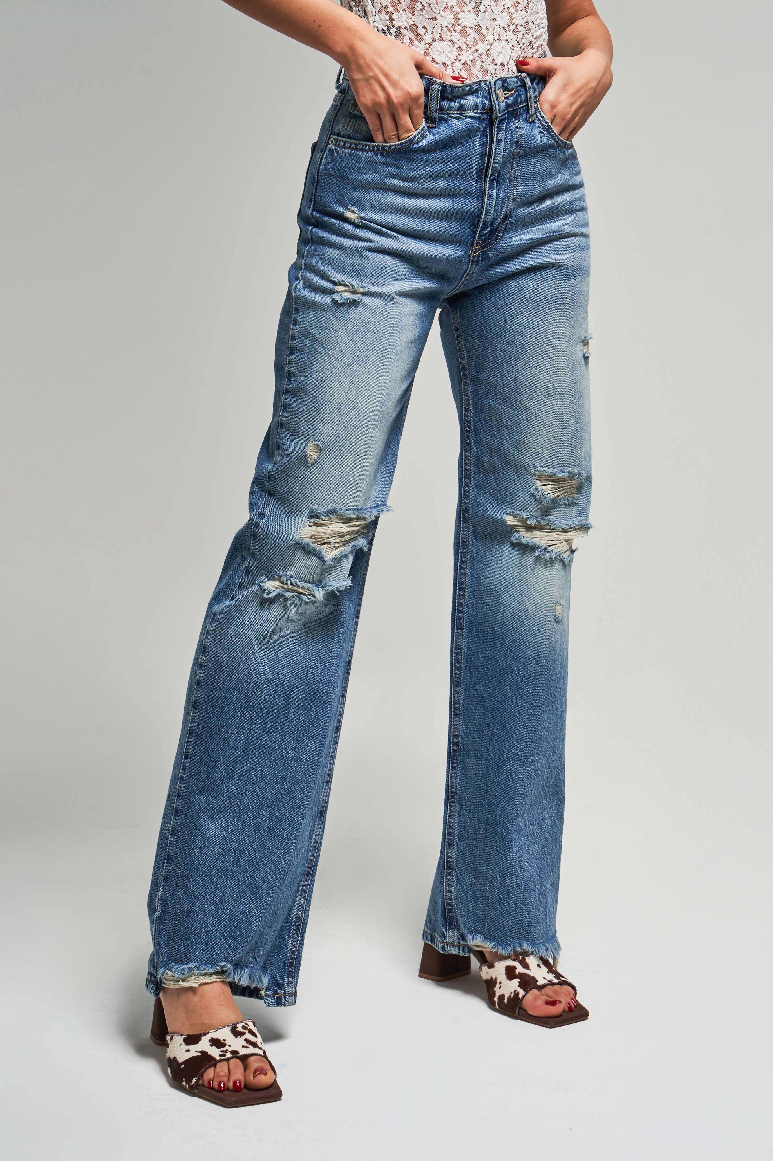 Kadın Kot Rengi 12s5-84 Straight Fit Yüksek Bel Yırtık Detaylı %100 Koton İç Boy 80cm Denim Jean