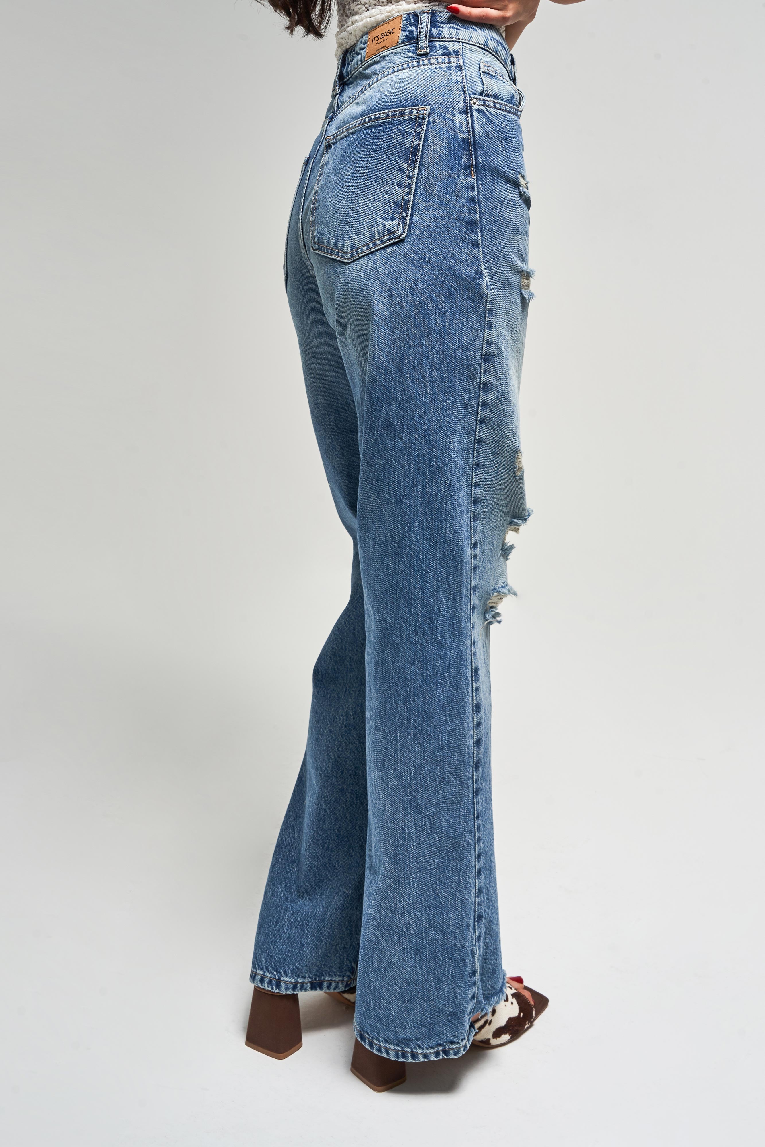 Kadın Kot Rengi 12s5-84 Straight Fit Yüksek Bel Yırtık Detaylı %100 Koton İç Boy 80cm Denim Jean