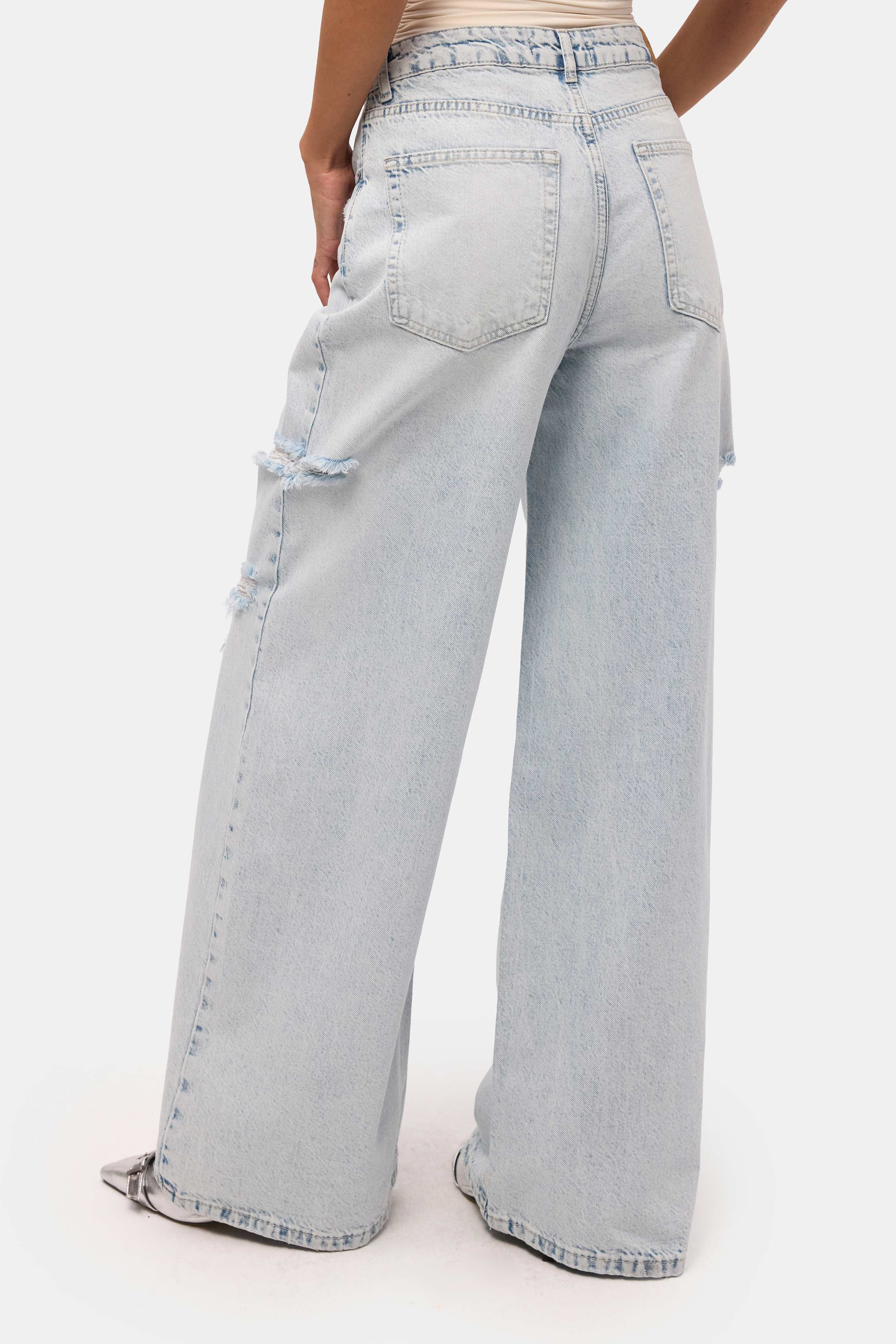 Kadın Kot Rengi 12s6-100 Süper Baggy Fit Yırtık Detaylı Denim Jean