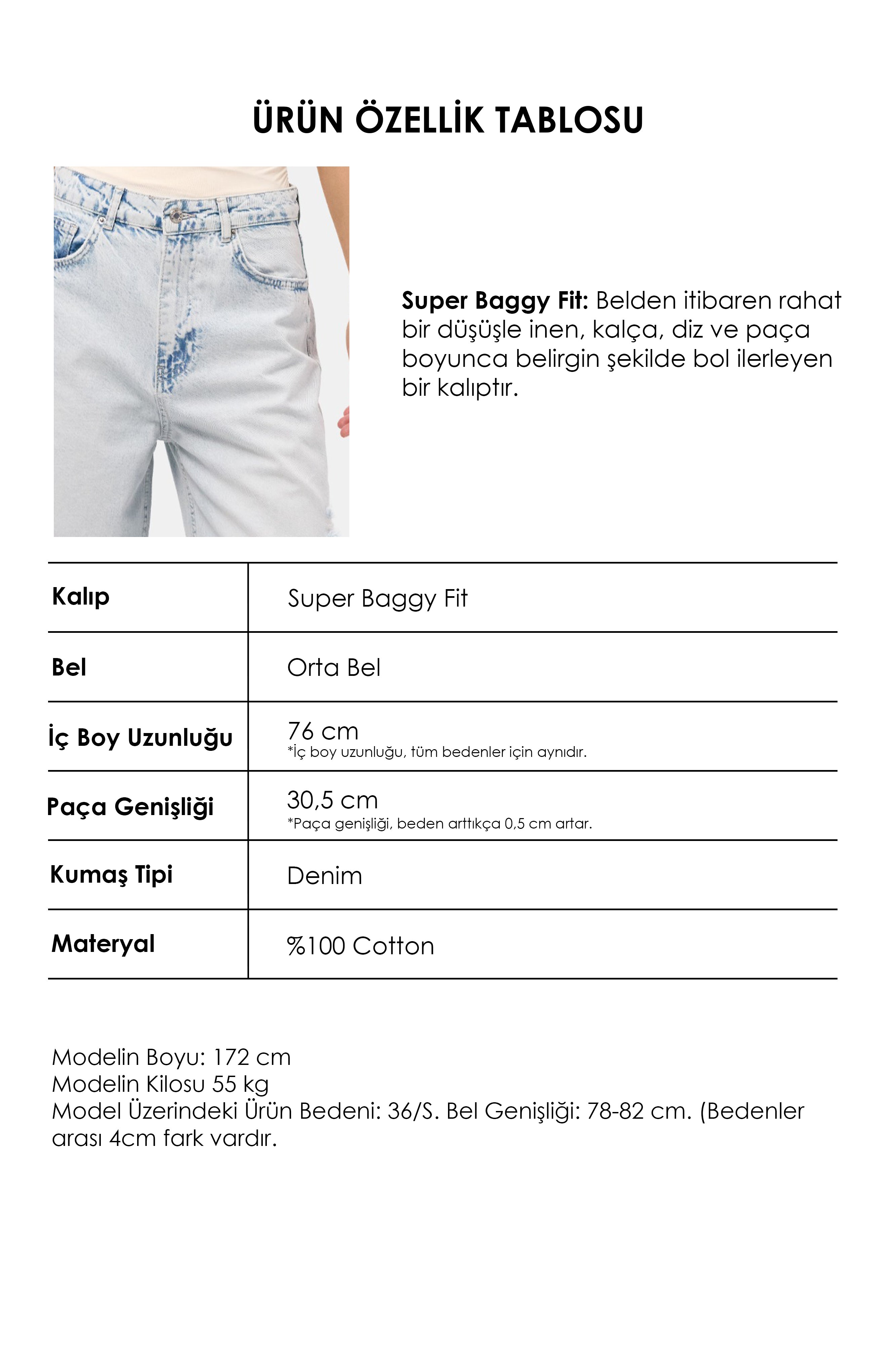 Kadın Kot Rengi 12s6-100 Süper Baggy Fit Yırtık Detaylı Denim Jean