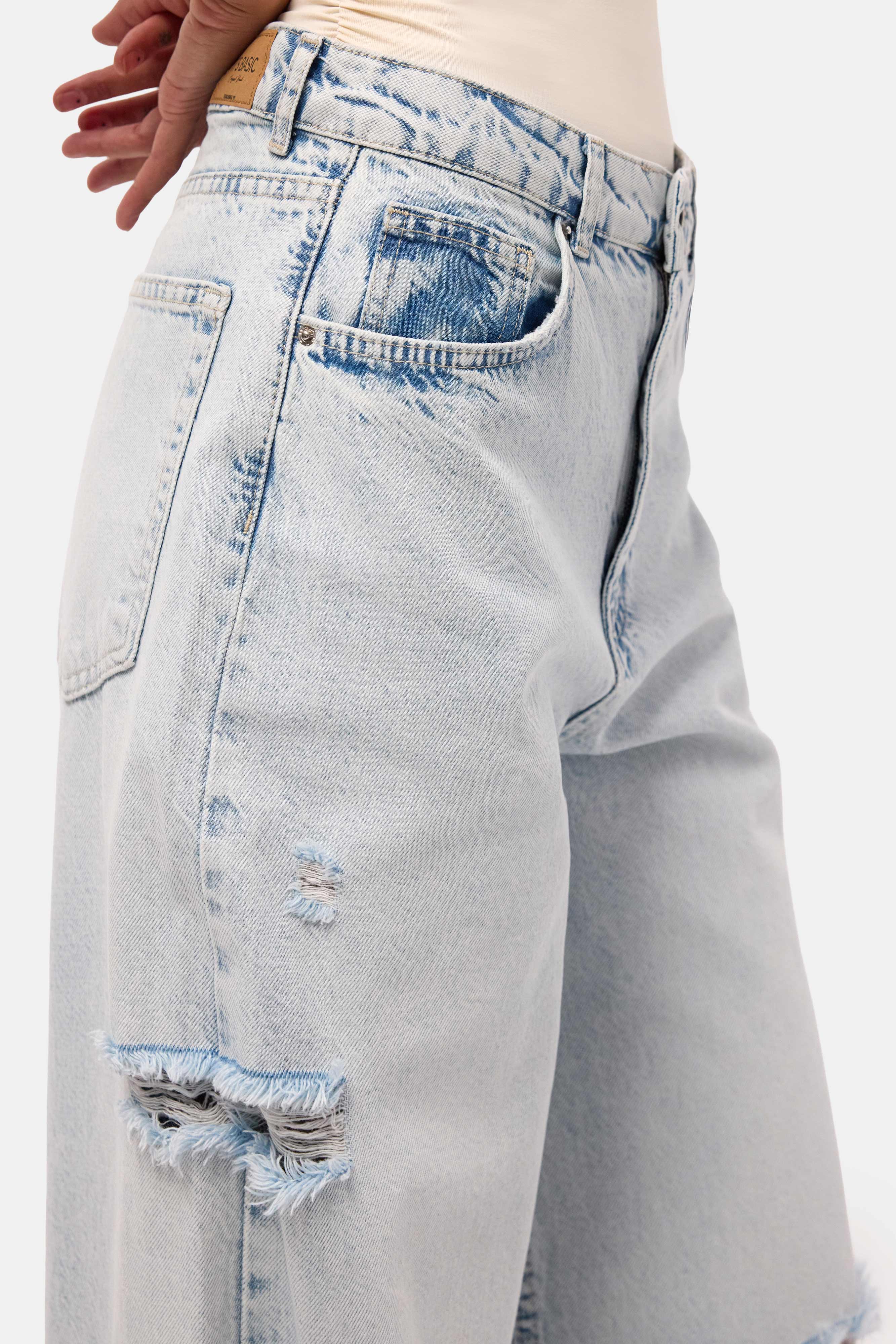 Kadın Kot Rengi 12s6-100 Süper Baggy Fit Yırtık Detaylı Denim Jean