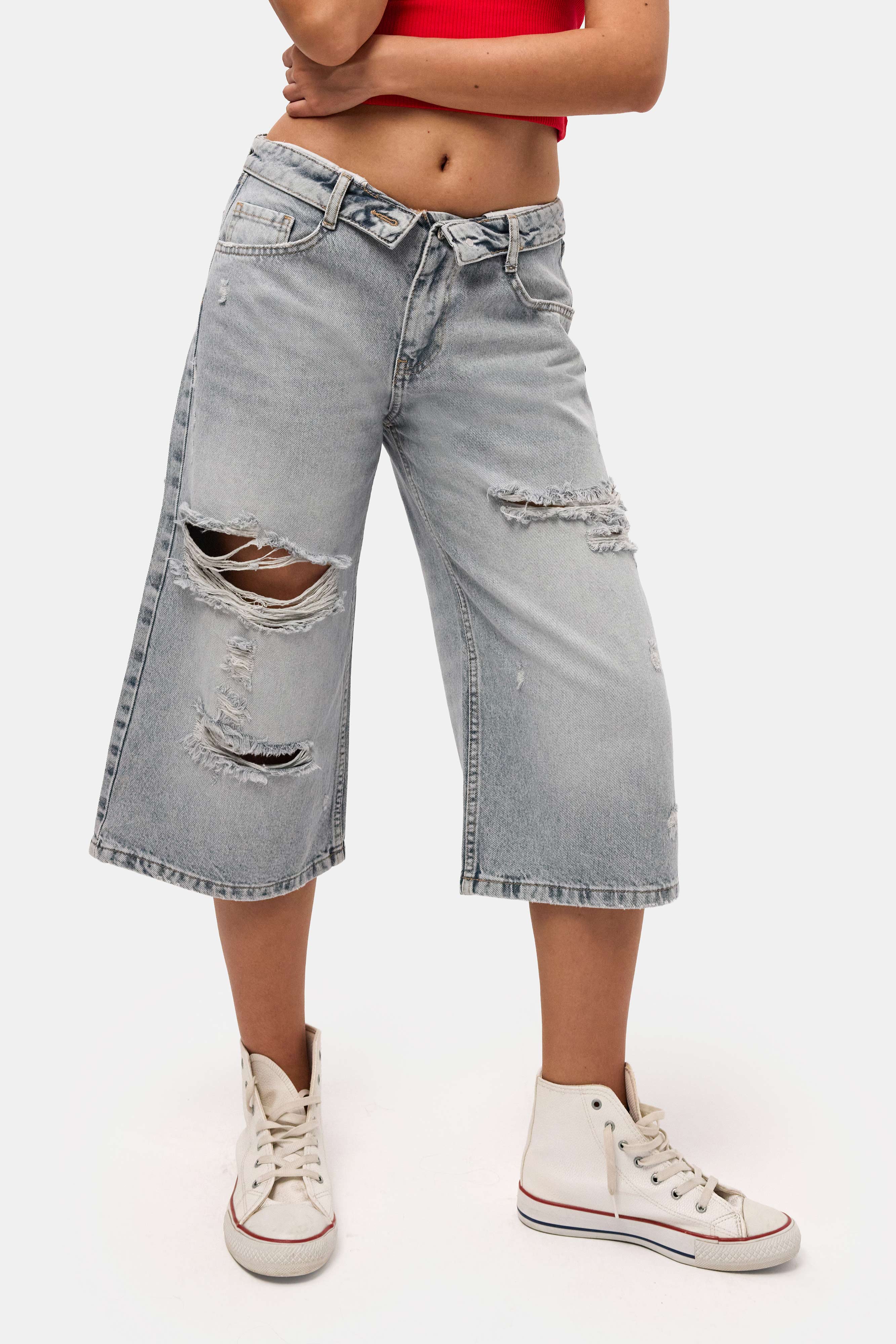 Kadın Kot Rengi 12s6-159 Straight Fit Maxi Bermuda Denim Şort