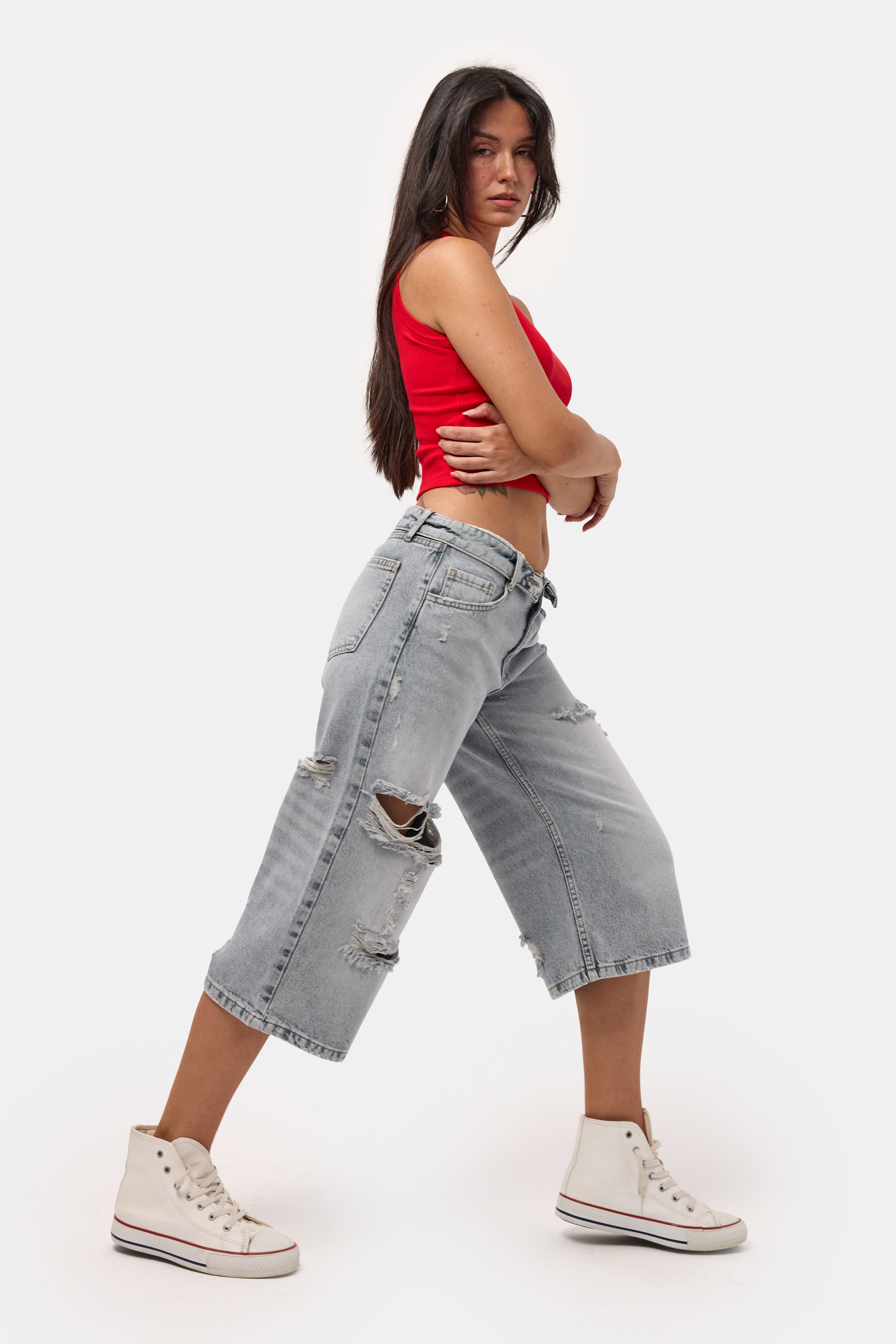 Kadın Kot Rengi 12s6-159 Straight Fit Maxi Bermuda Denim Şort