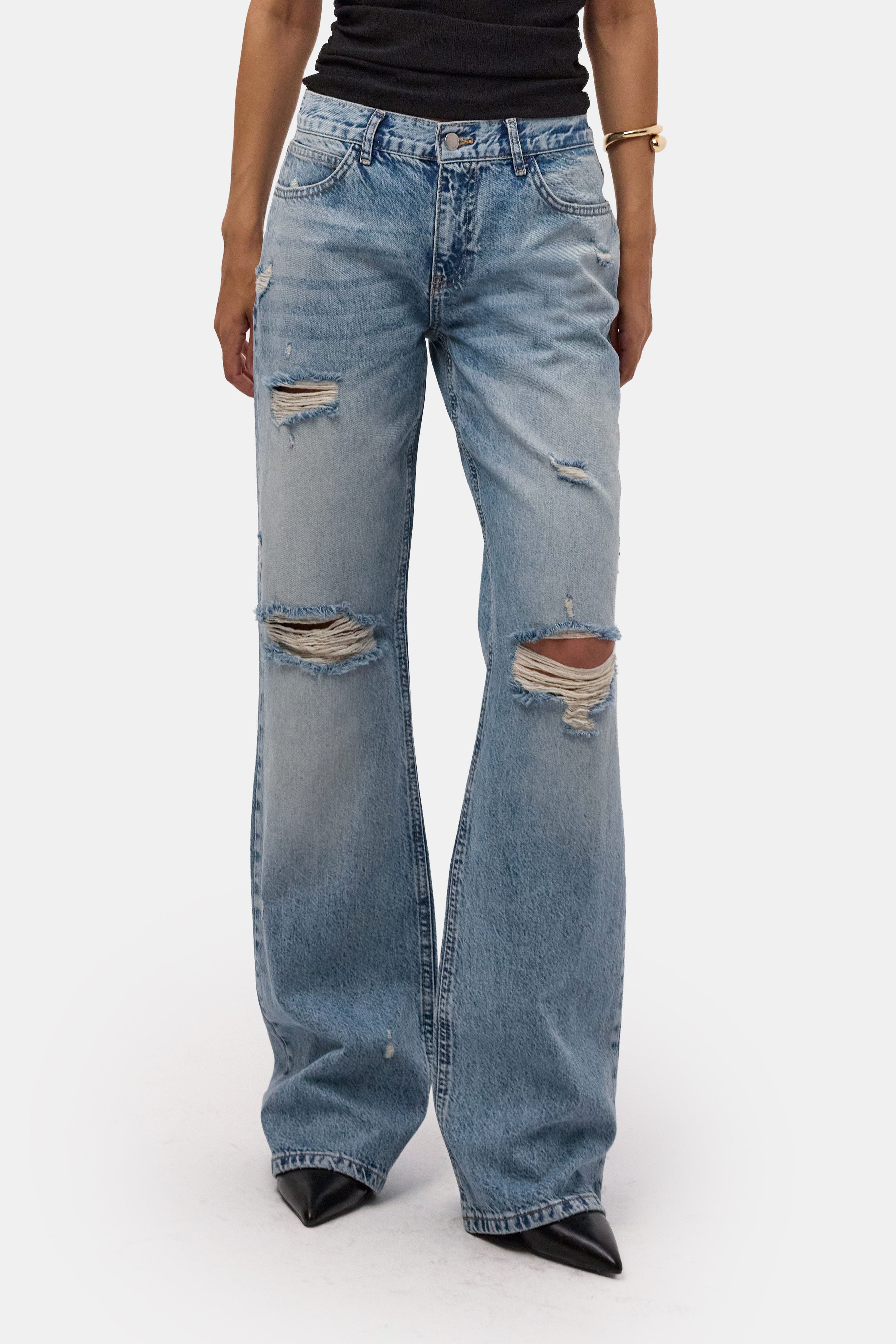 Kadın Kot Rengi 12s6-32 Bootcut Fit Yırtık Detaylı Denim Jean