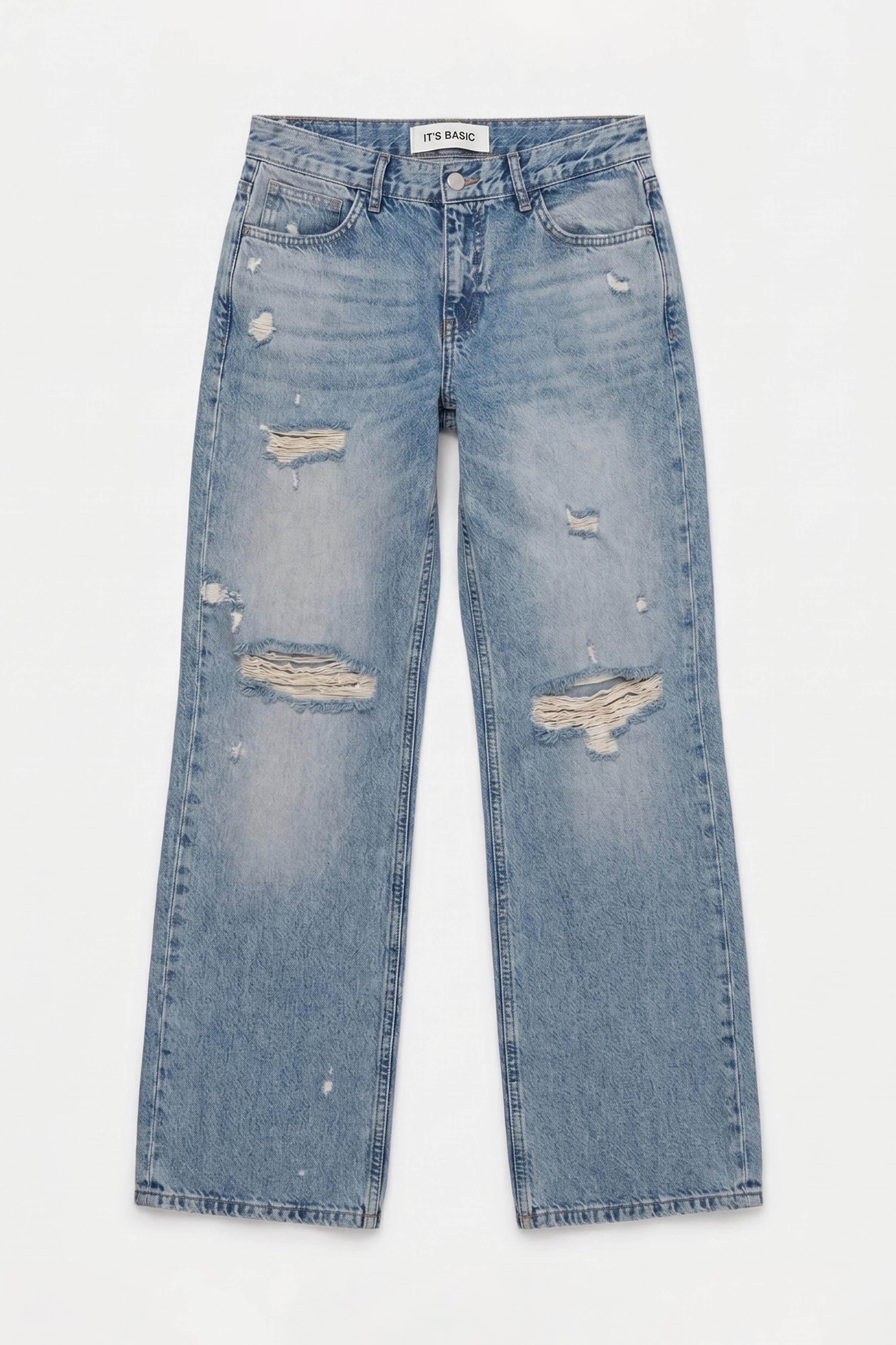 Kadın Kot Rengi 12s6-32 Bootcut Fit Yırtık Detaylı Denim Jean