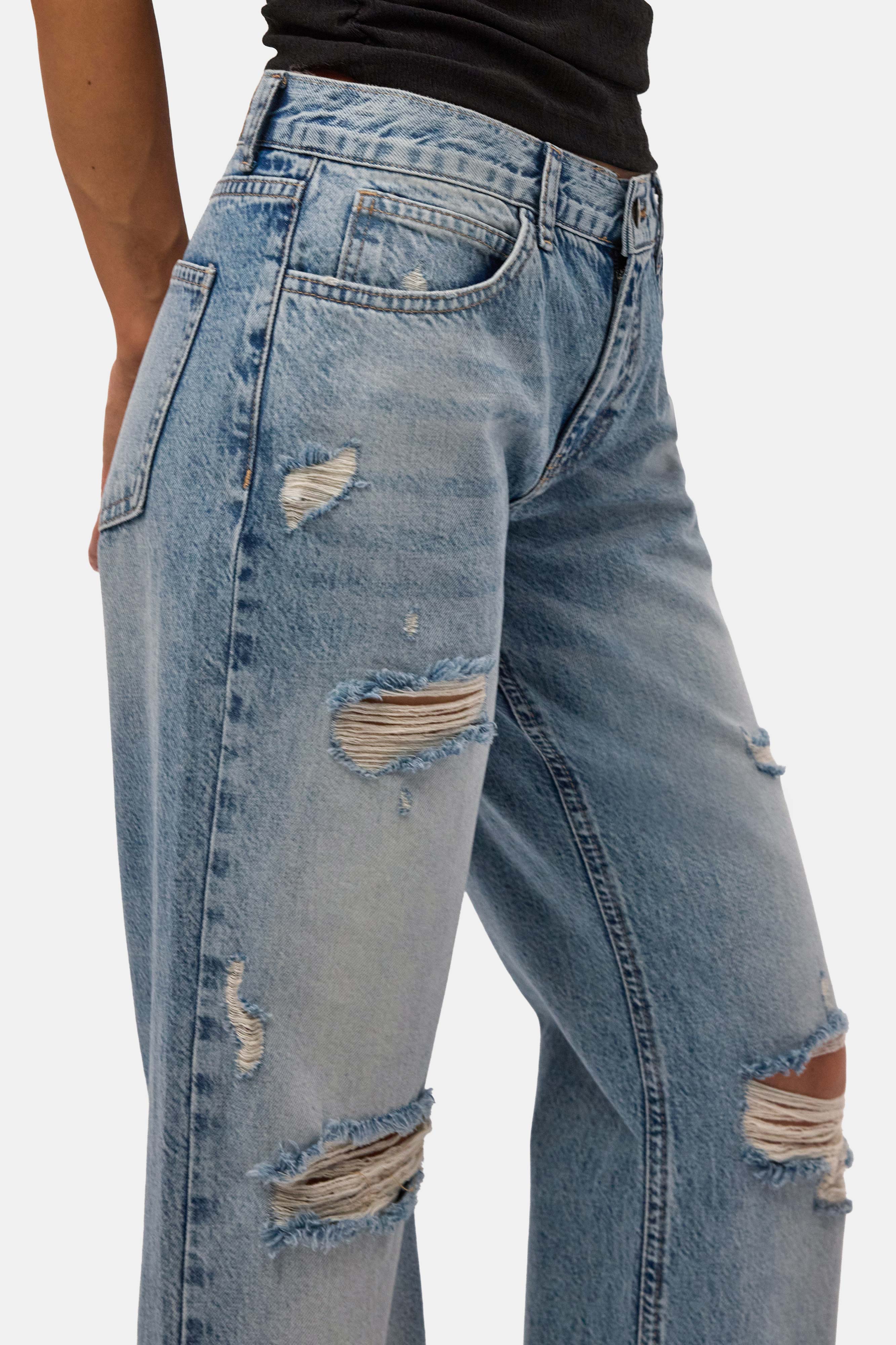 Kadın Kot Rengi 12s6-32 Bootcut Fit Yırtık Detaylı Denim Jean