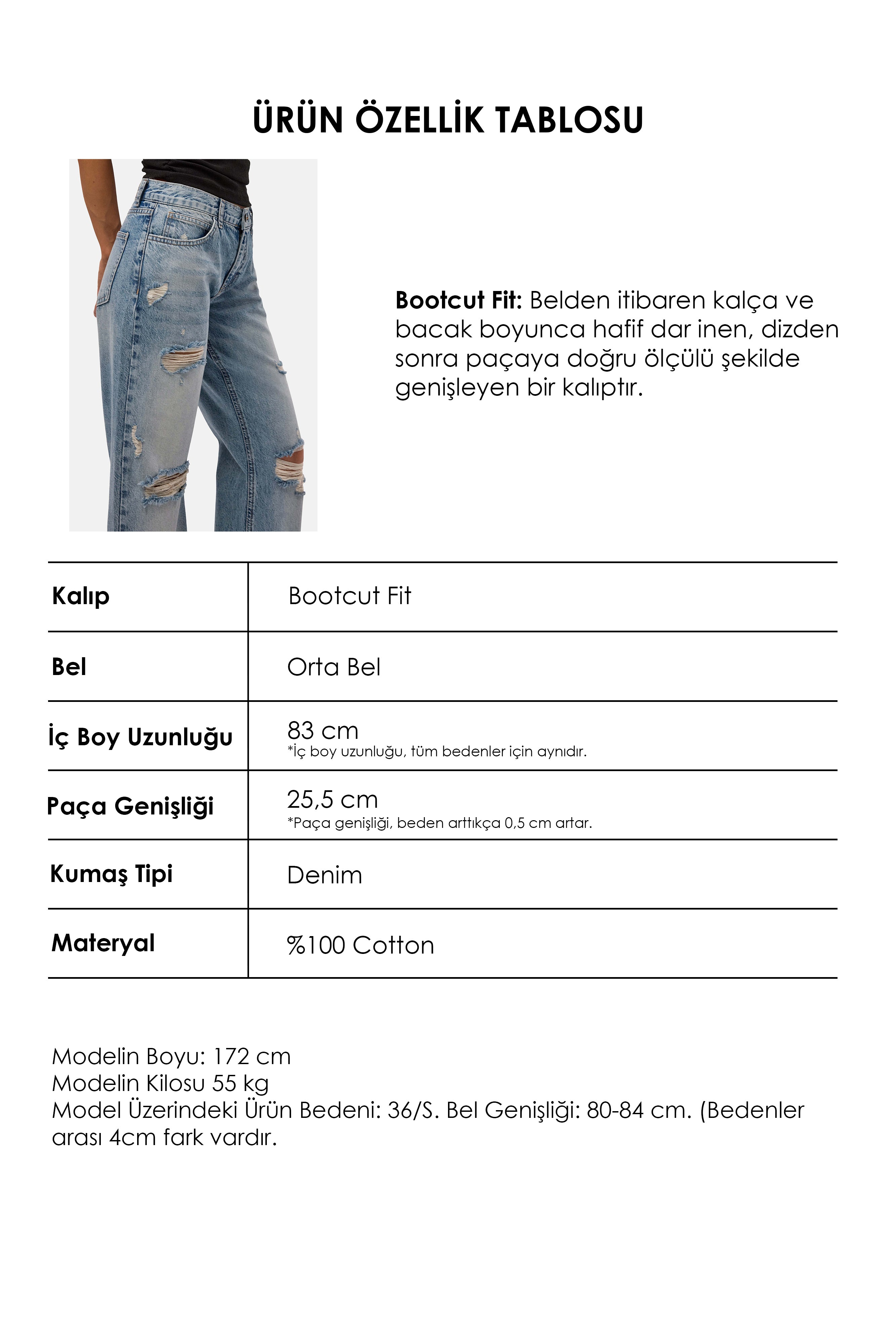 Kadın Kot Rengi 12s6-32 Bootcut Fit Yırtık Detaylı Denim Jean