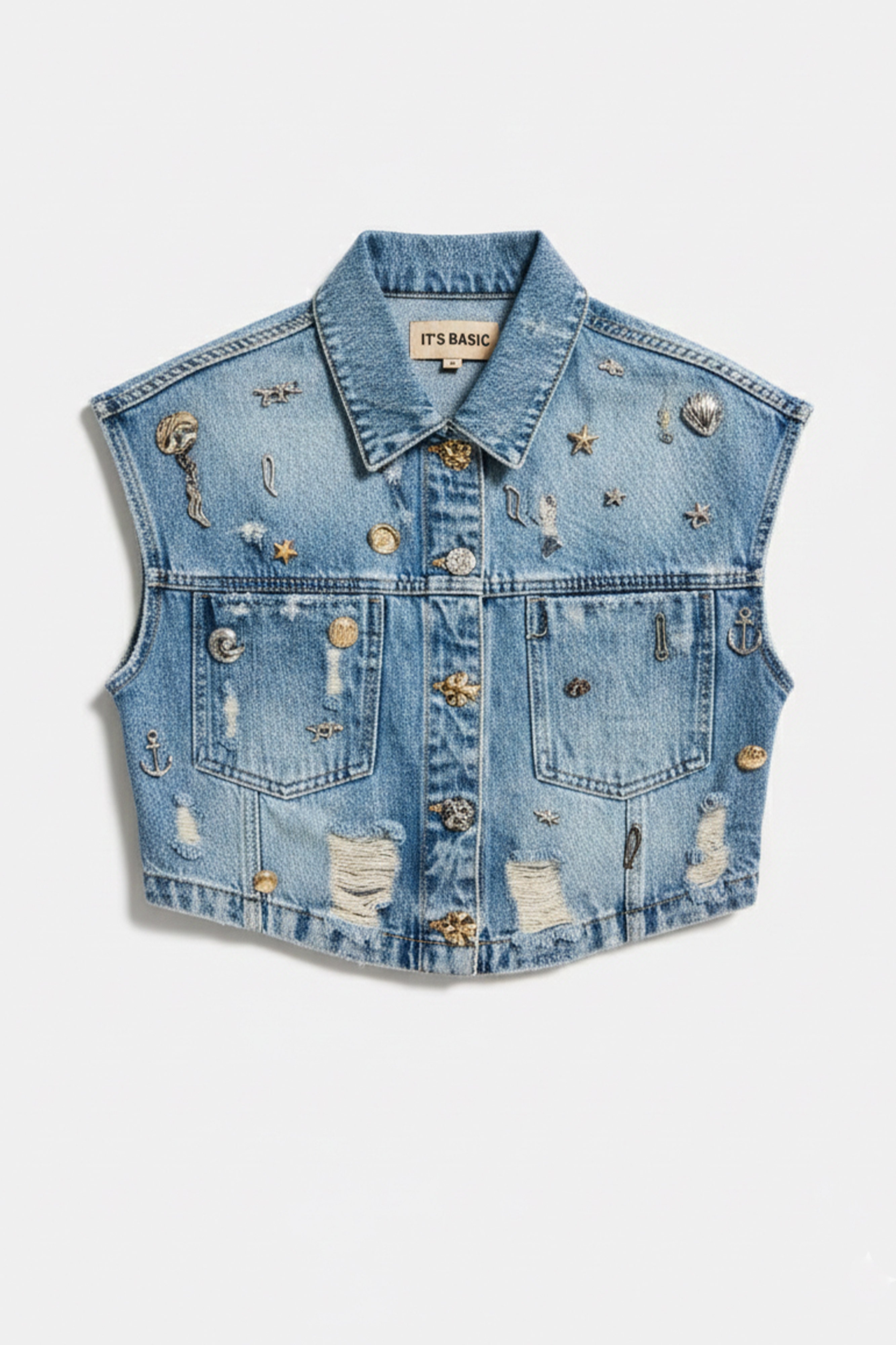 Kadın Kot Rengi 12s6-32 Crop Fit Özel Dikim Aksesuar Tasarım Denim Ceket