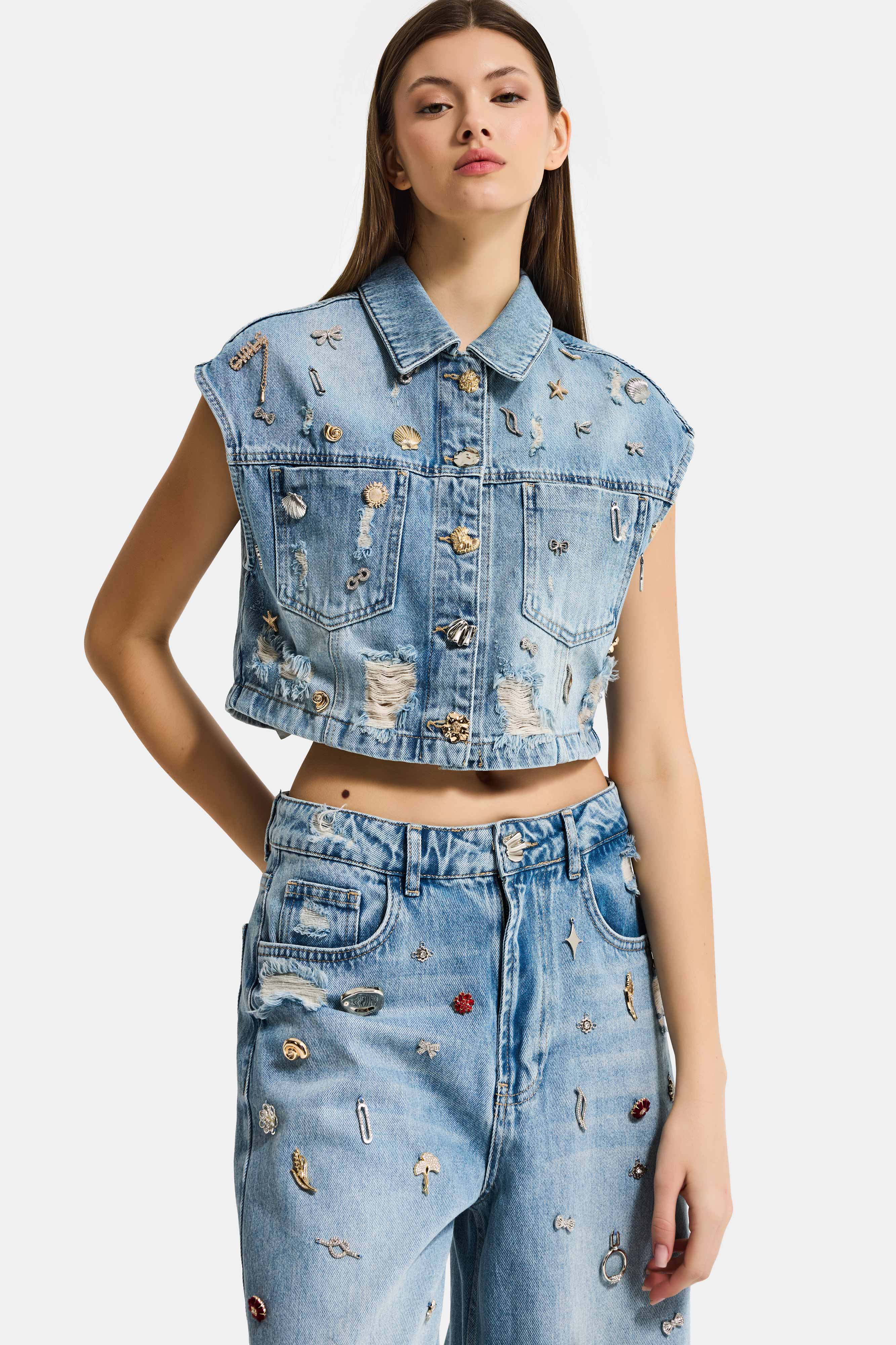 Kadın Kot Rengi 12s6-32 Crop Fit Özel Dikim Aksesuar Tasarım Denim Ceket