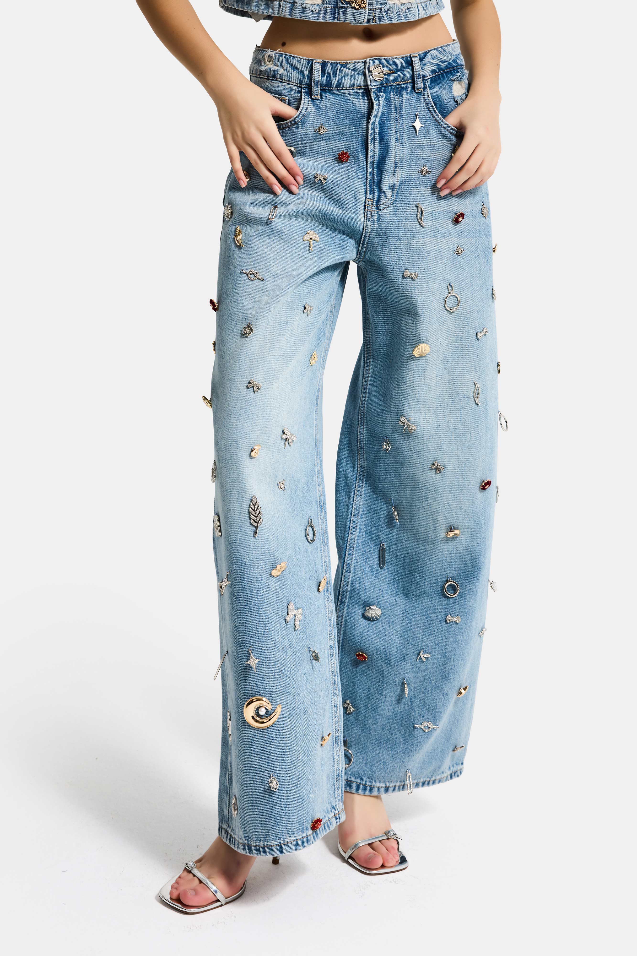 Kadın Kot Rengi 12s6-32 Mega Baggy Fit Özel Dikim Aksesuarlı Tasarım Denim Jean