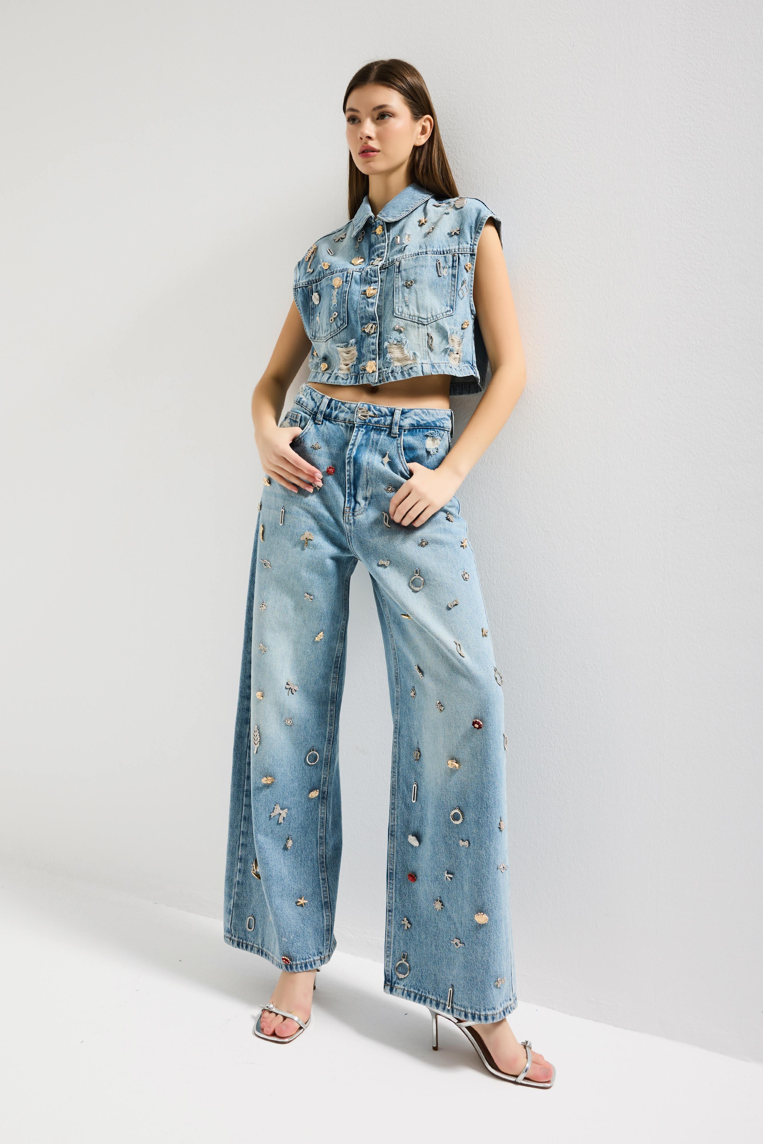 Kadın Kot Rengi 12s6-32 Mega Baggy Fit Özel Dikim Aksesuarlı Tasarım Denim Jean