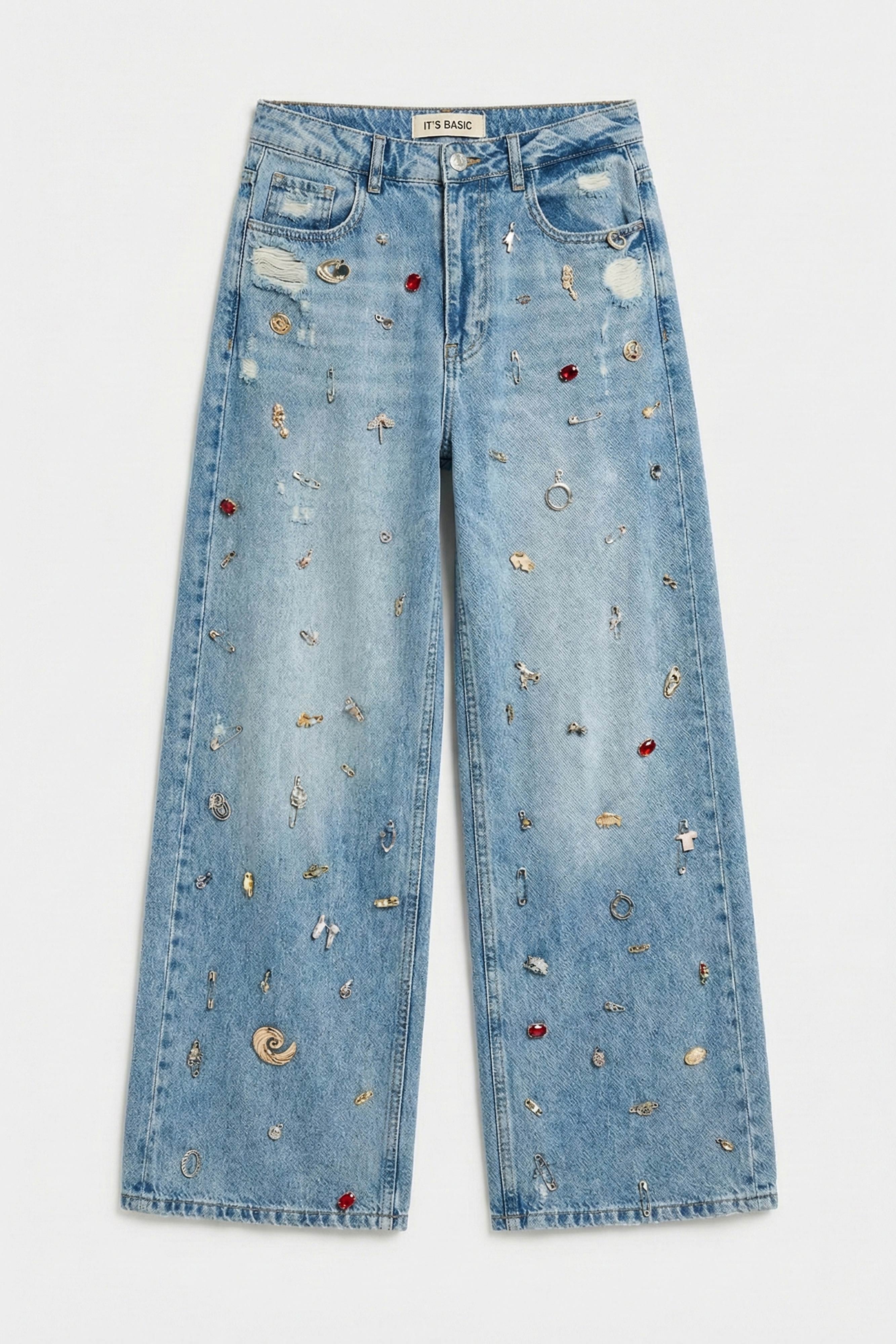 Kadın Kot Rengi 12s6-32 Mega Baggy Fit Özel Dikim Aksesuarlı Tasarım Denim Jean