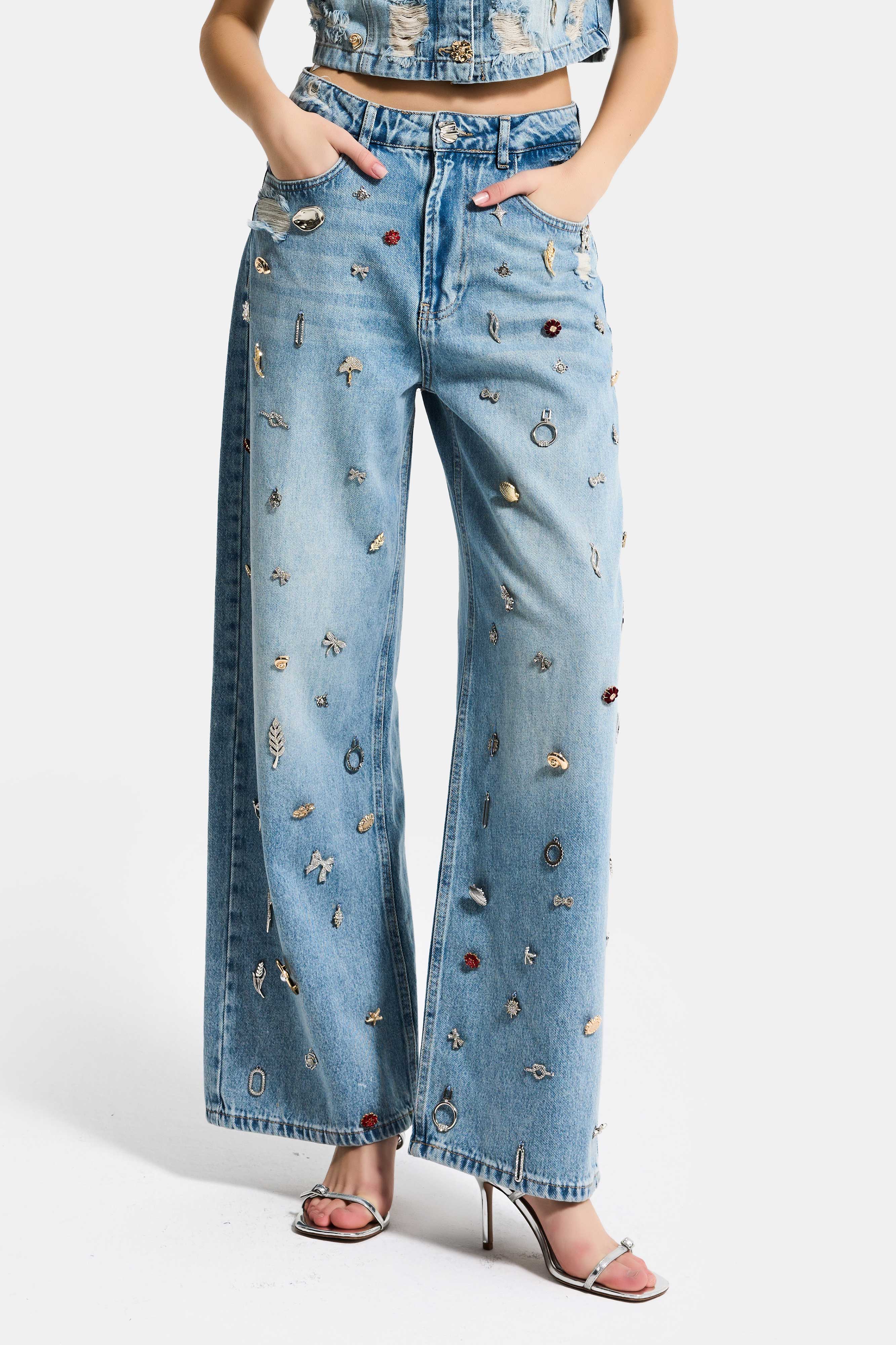 Kadın Kot Rengi 12s6-32 Mega Baggy Fit Özel Dikim Aksesuarlı Tasarım Denim Jean