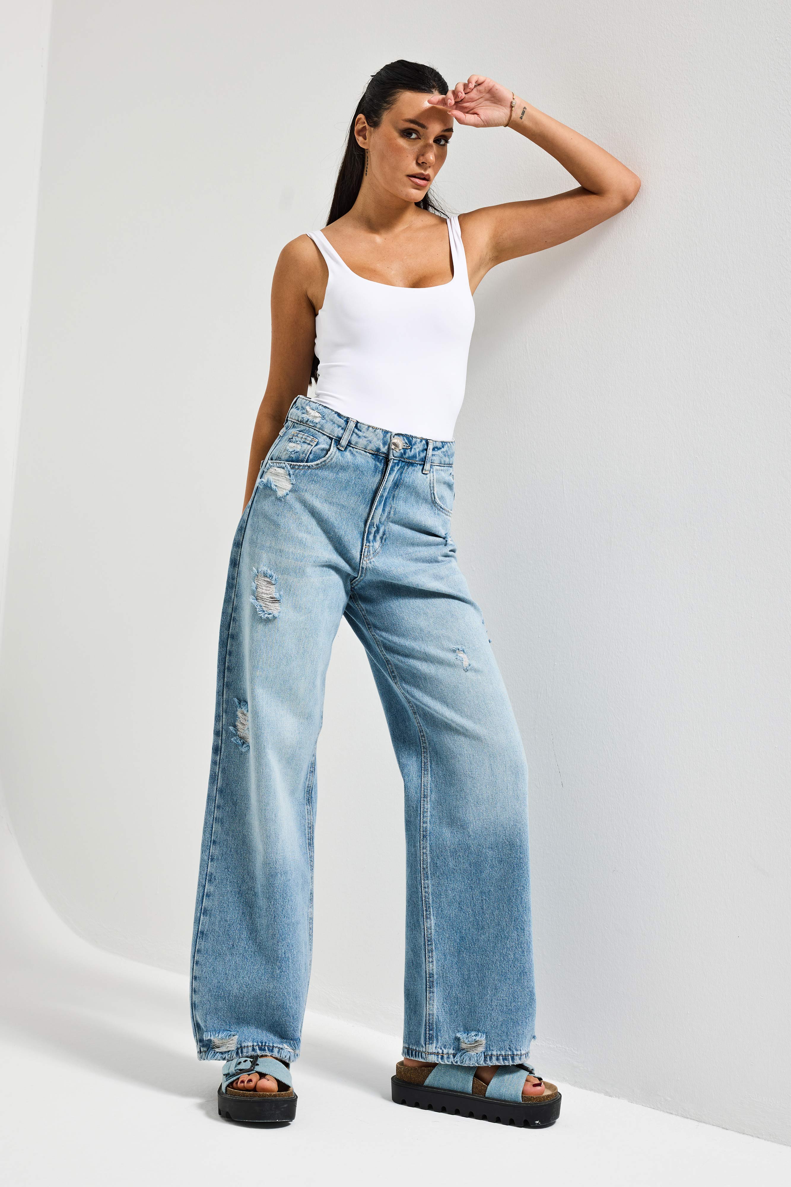 Kadın Kot Rengi 12s6-32 Mega Baggy Fit Yırtık Detaylı Denim Jean