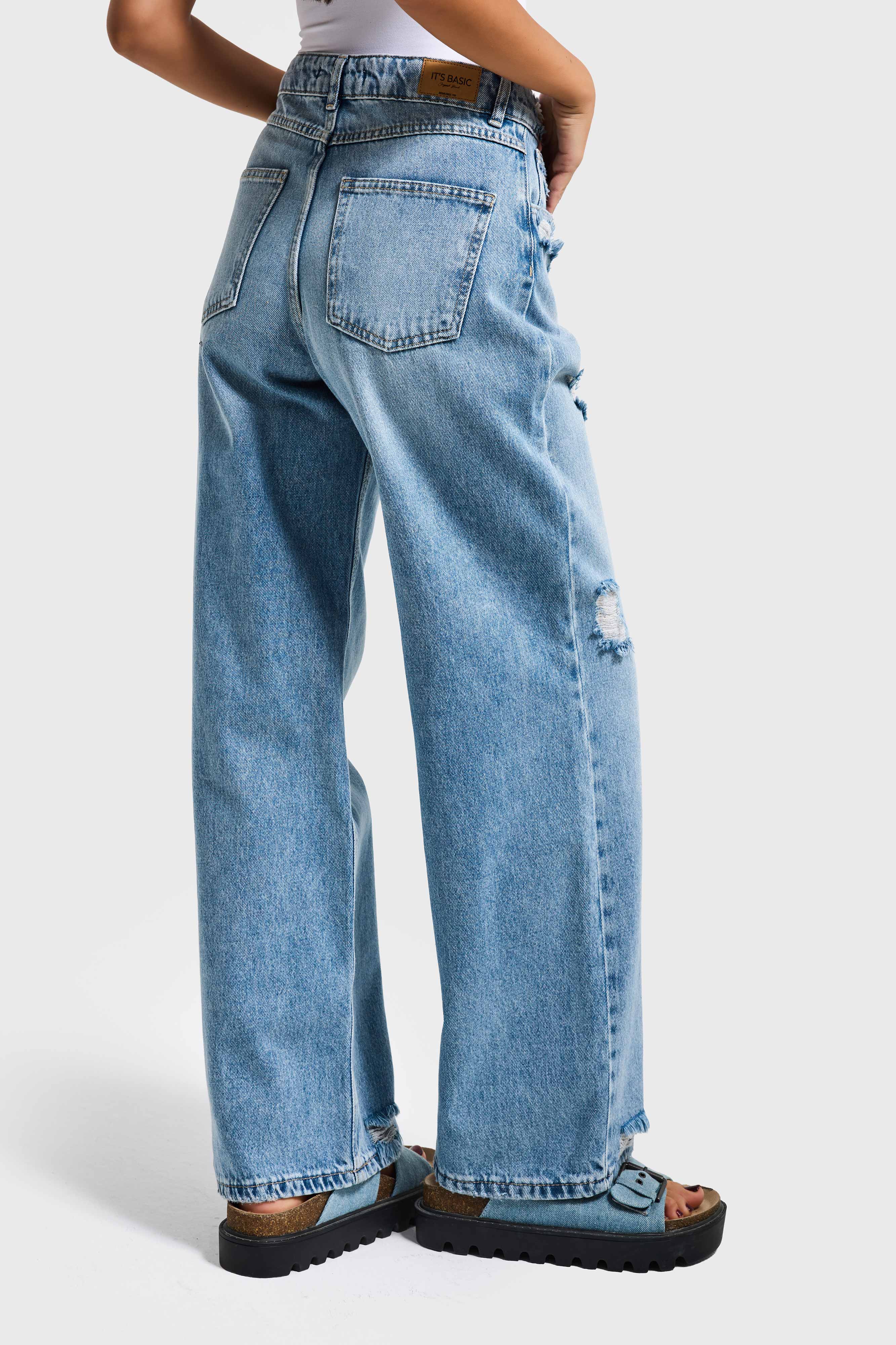 Kadın Kot Rengi 12s6-32 Mega Baggy Fit Yırtık Detaylı Denim Jean