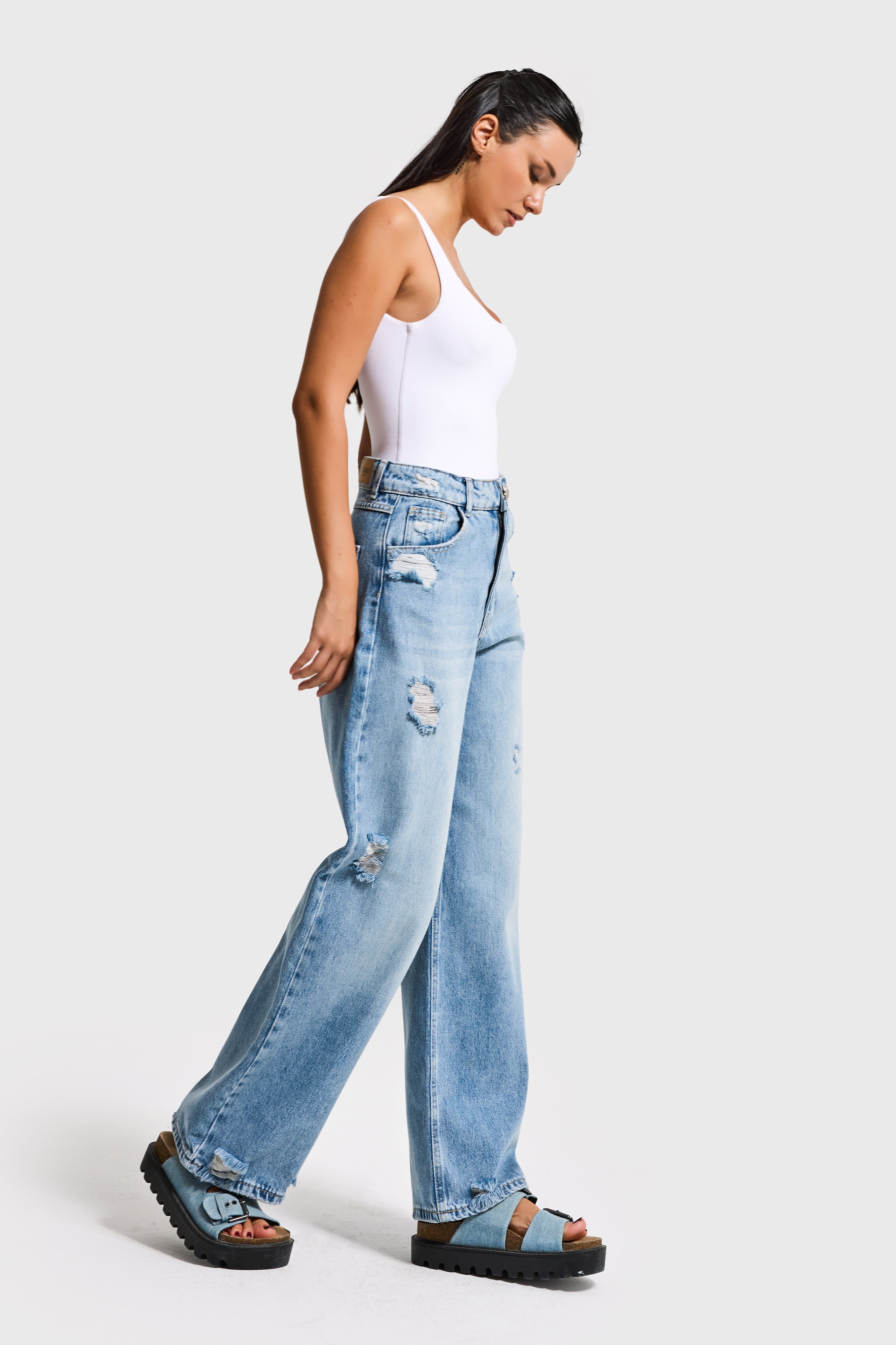 Kadın Kot Rengi 12s6-32 Mega Baggy Fit Yırtık Detaylı Denim Jean