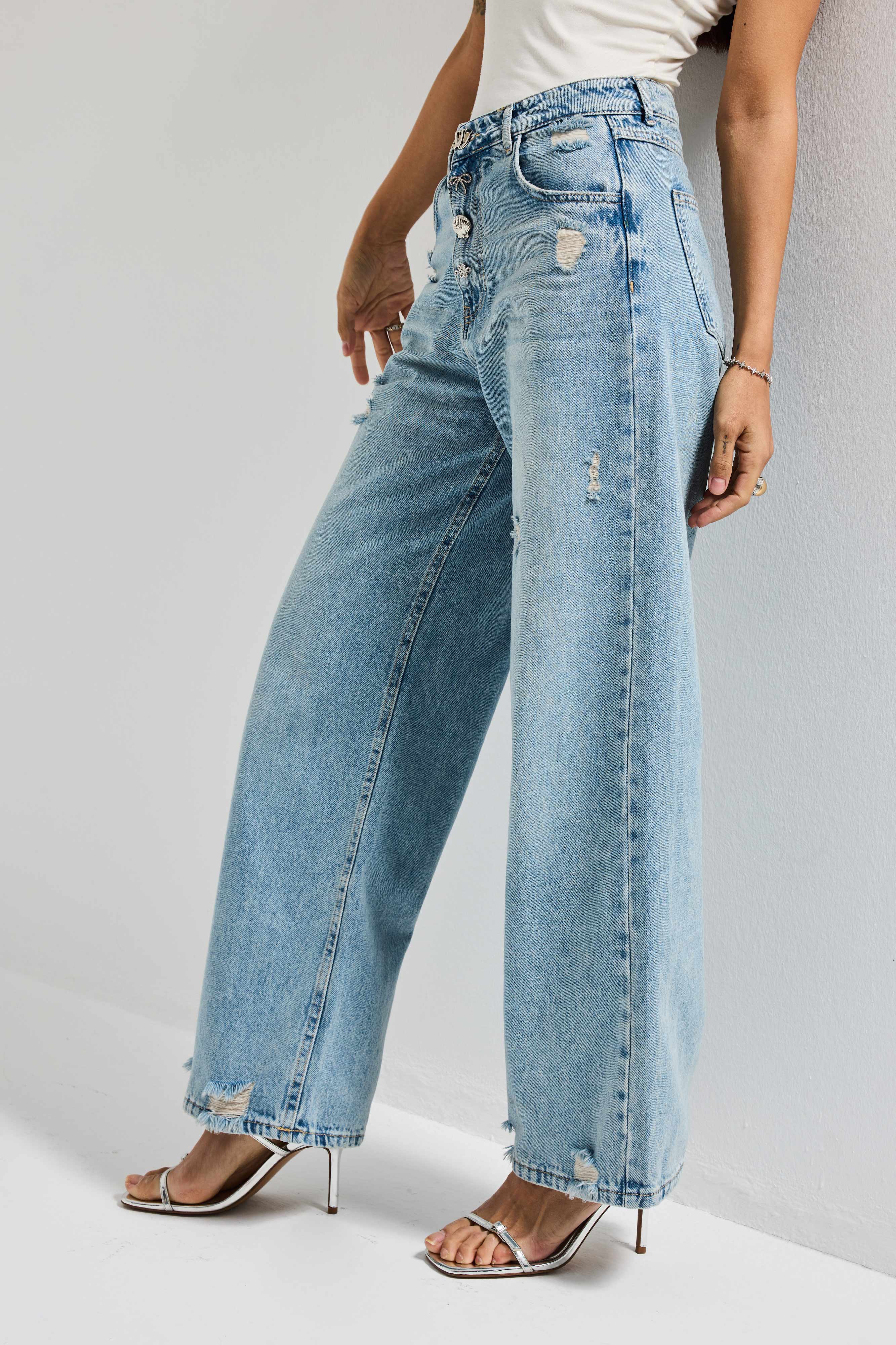 Kadın Kot Rengi 12s6-32 Relax Wide Leg Özel Aksesuar Detaylı Tasarım Denim Jean