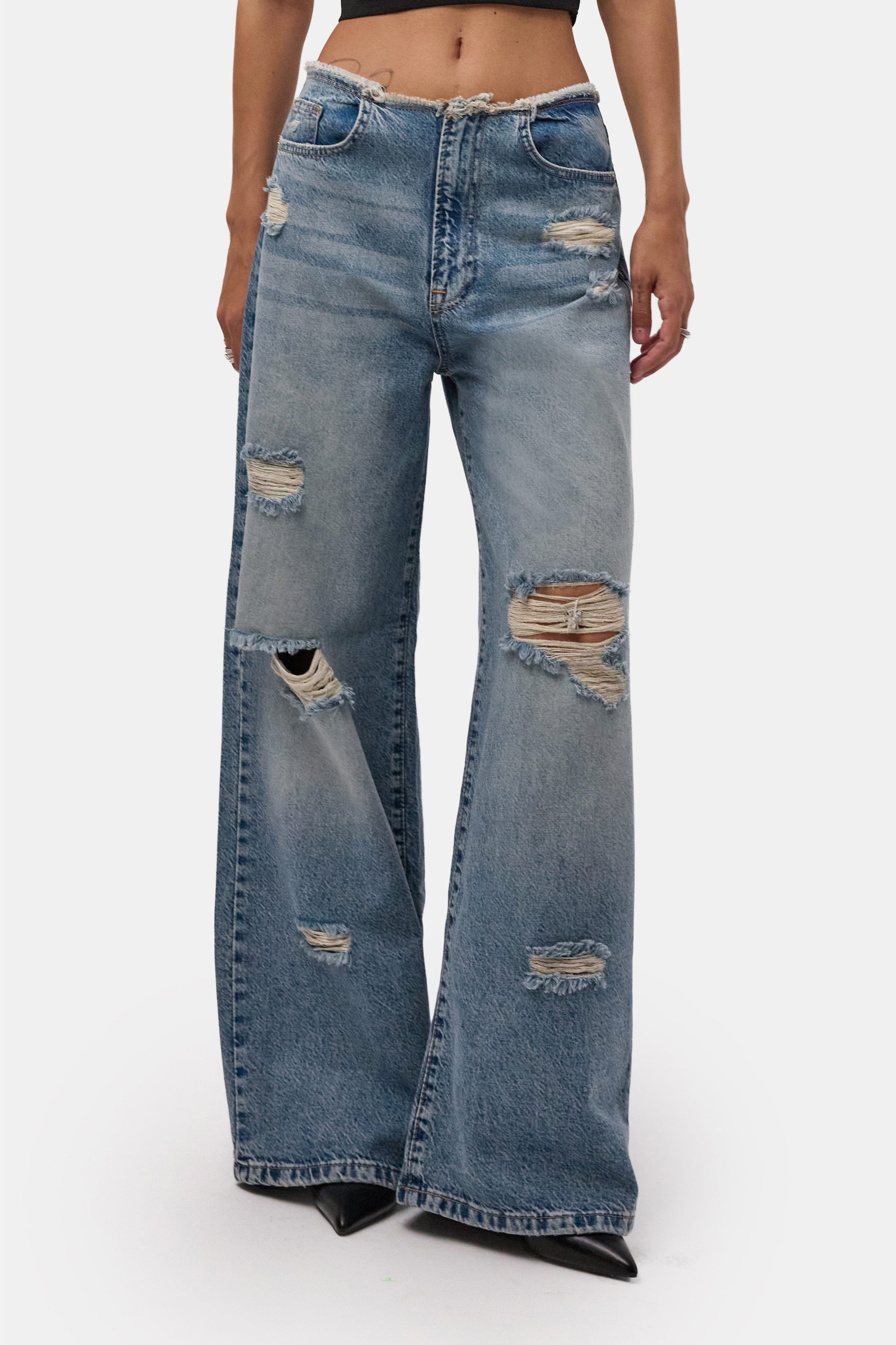 Kadın Kot Rengi 12s6-32 Straight Fit Yırtık Detaylı Tasarım Denim Jean