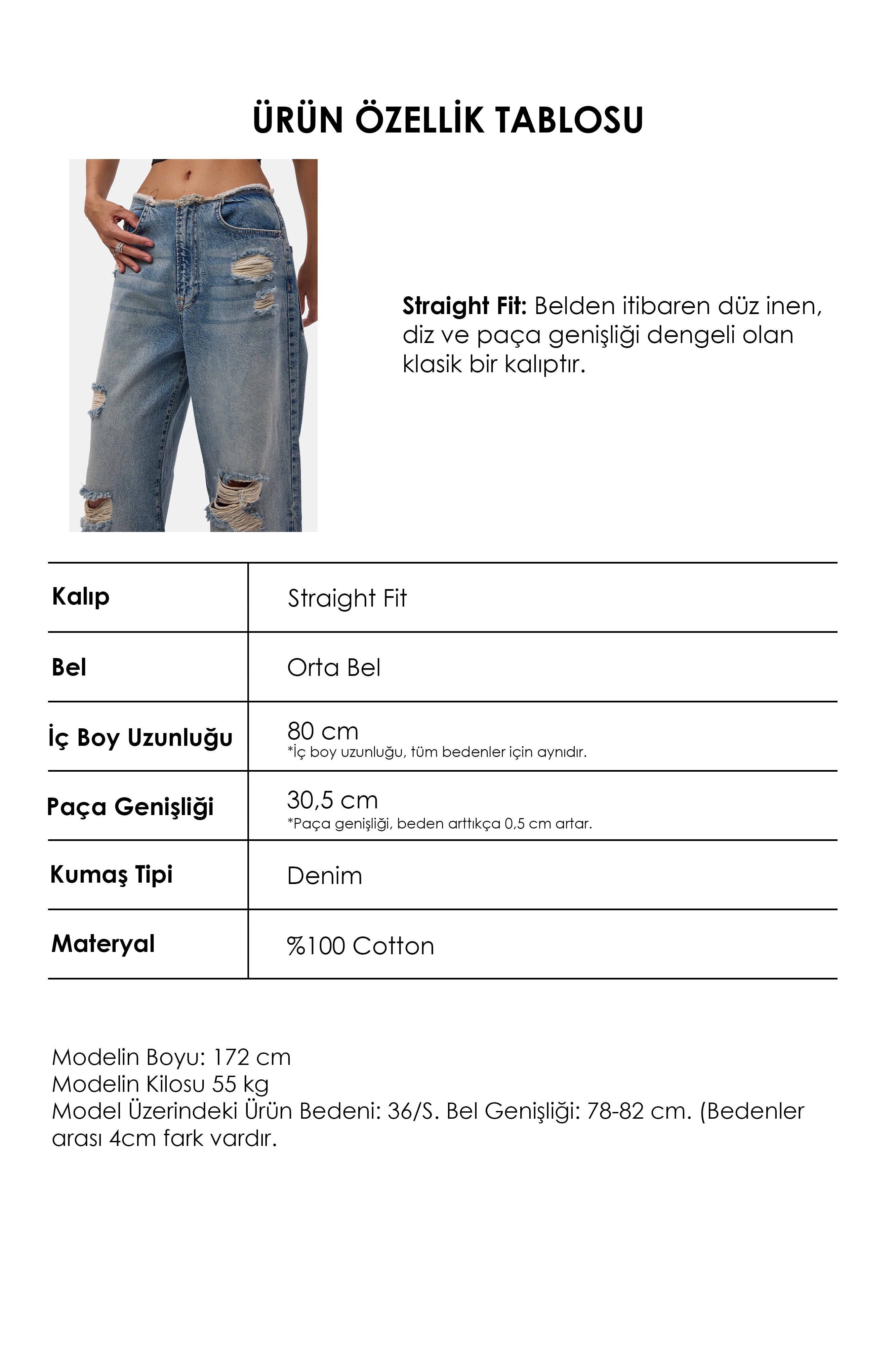 Kadın Kot Rengi 12s6-32 Straight Fit Yırtık Detaylı Tasarım Denim Jean