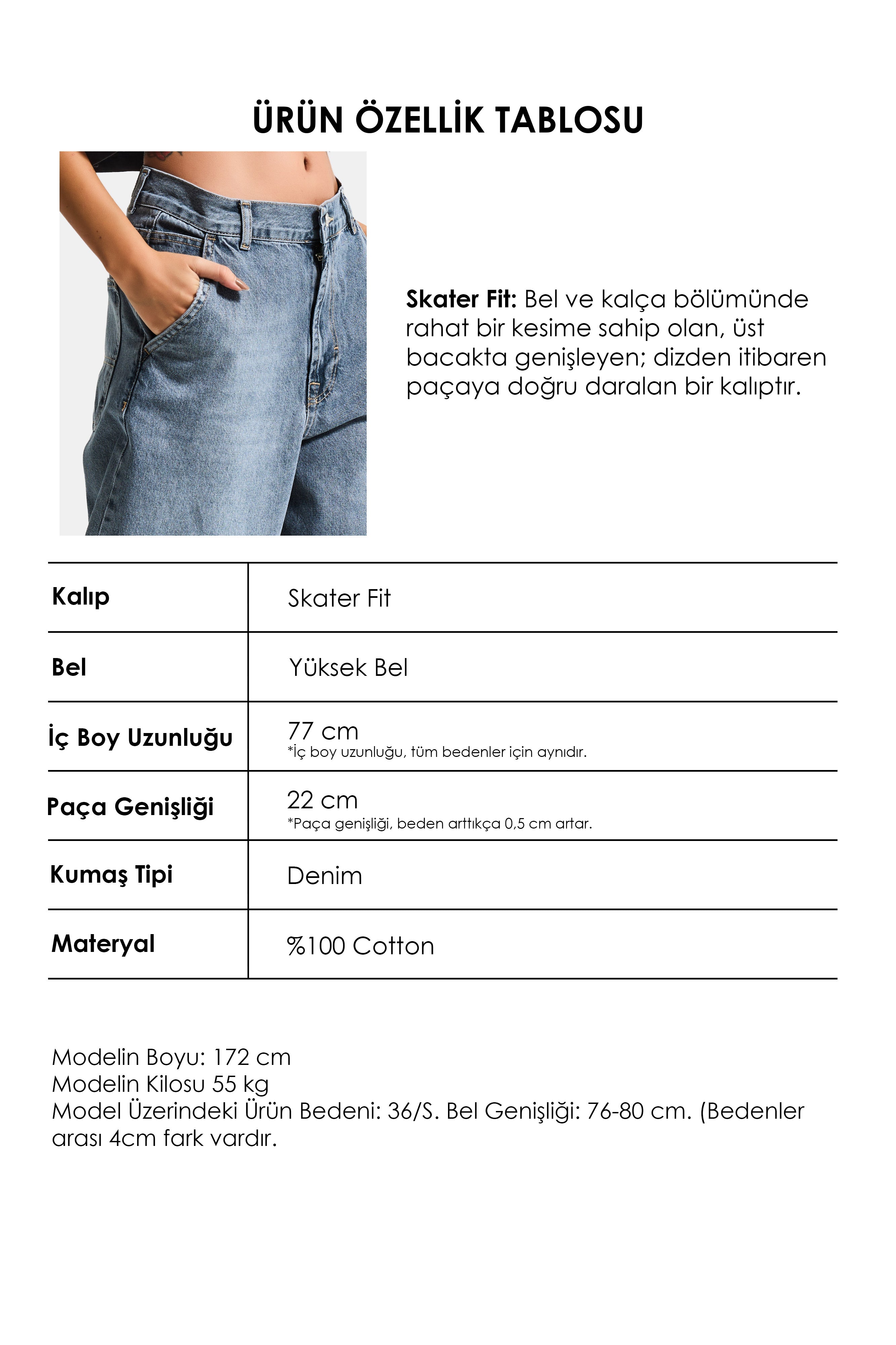 Kadın Kot Rengi 17s6-125 Skater Fit Bol Kesim Denim Jean