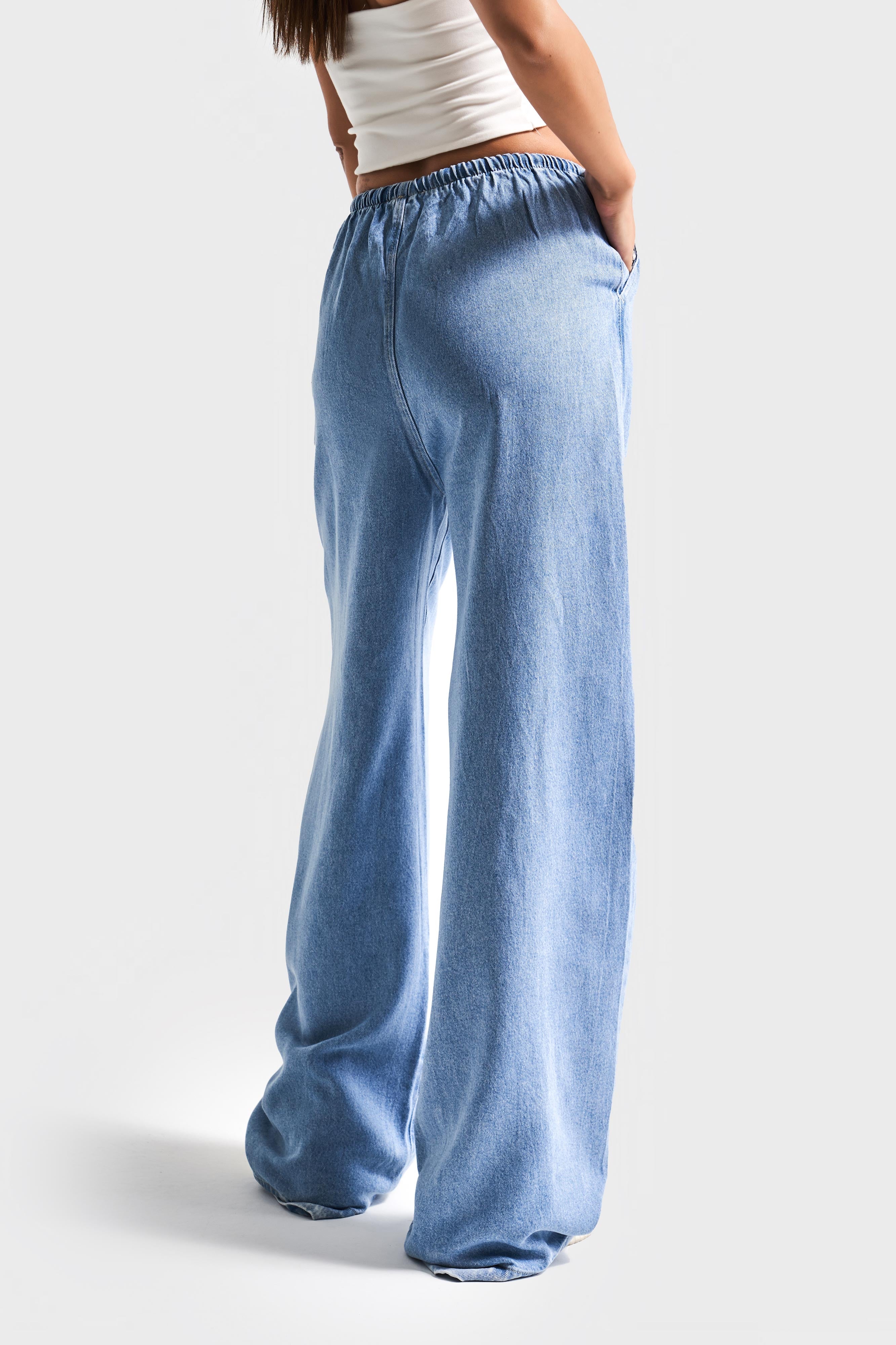 Kadın Kot Rengi 1s5-4 Beli Lastikli Süper Palazzo Fit %100 Koton Denim Jean
