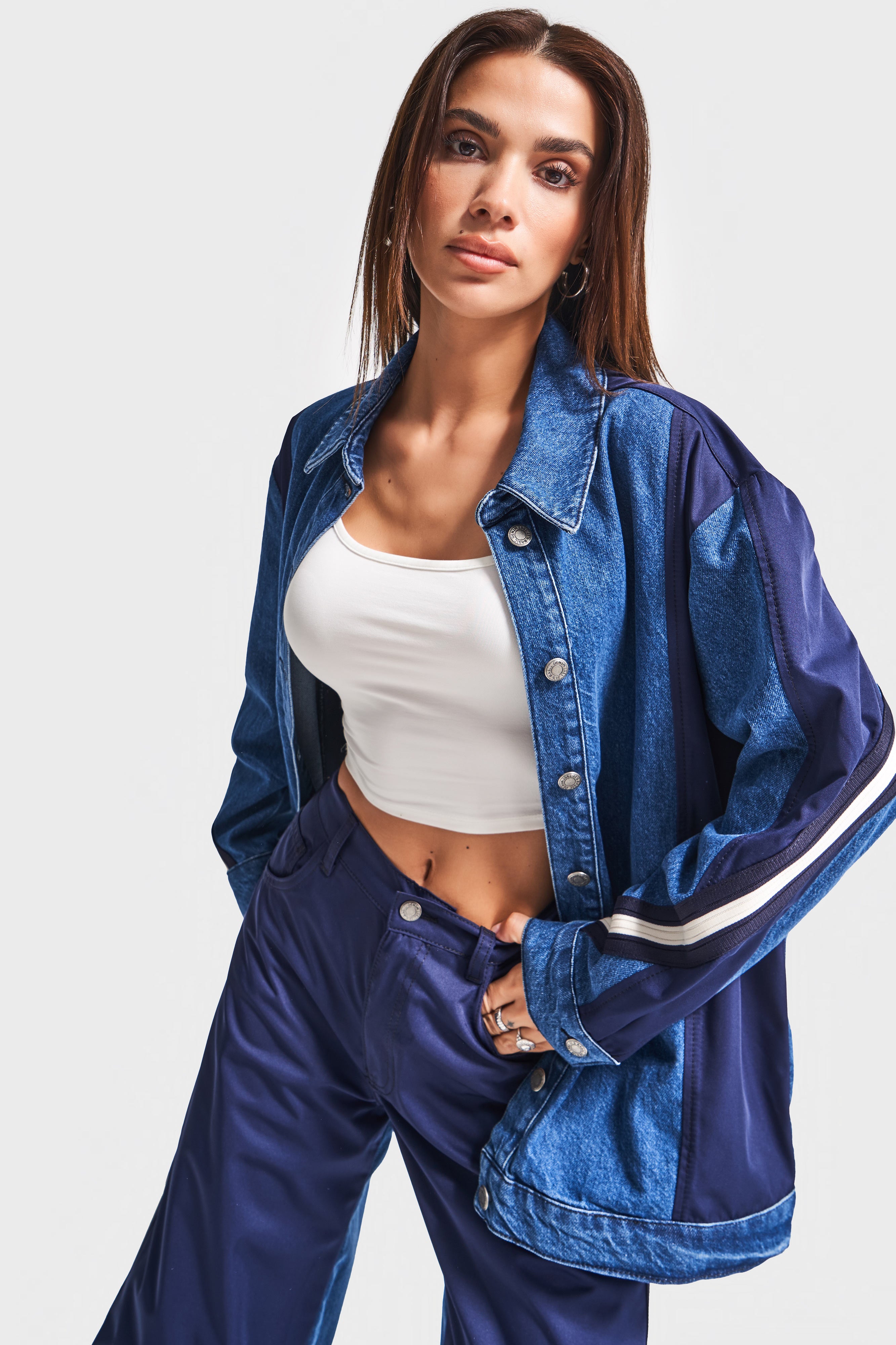 Kadın Kot Rengi 1w5-5 Oversize Parçalı Kumaş Özel Tasarım Denim Ceket
