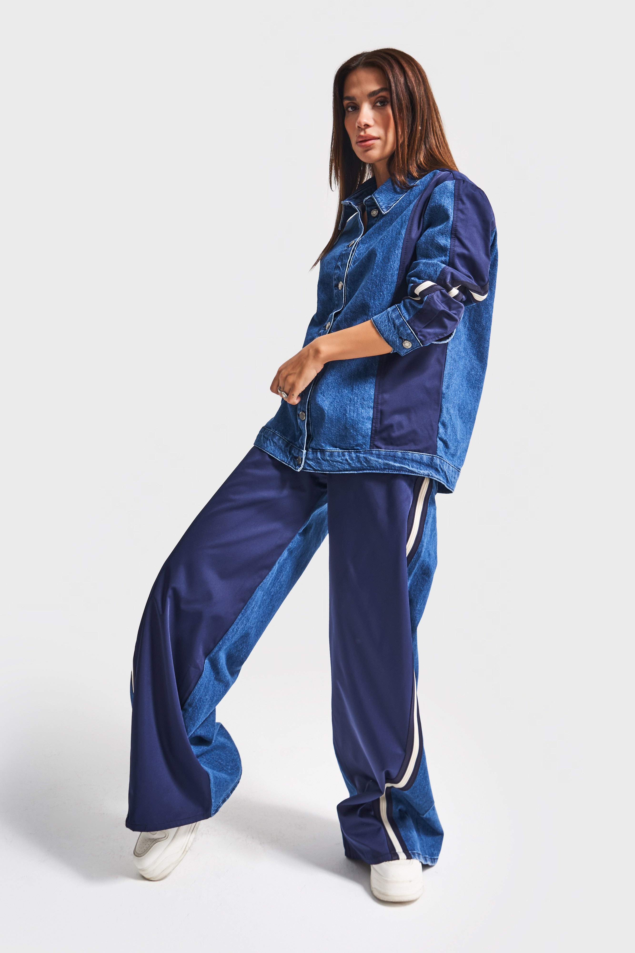 Kadın Kot Rengi 1w5-5 Oversize Parçalı Kumaş Özel Tasarım Denim Ceket