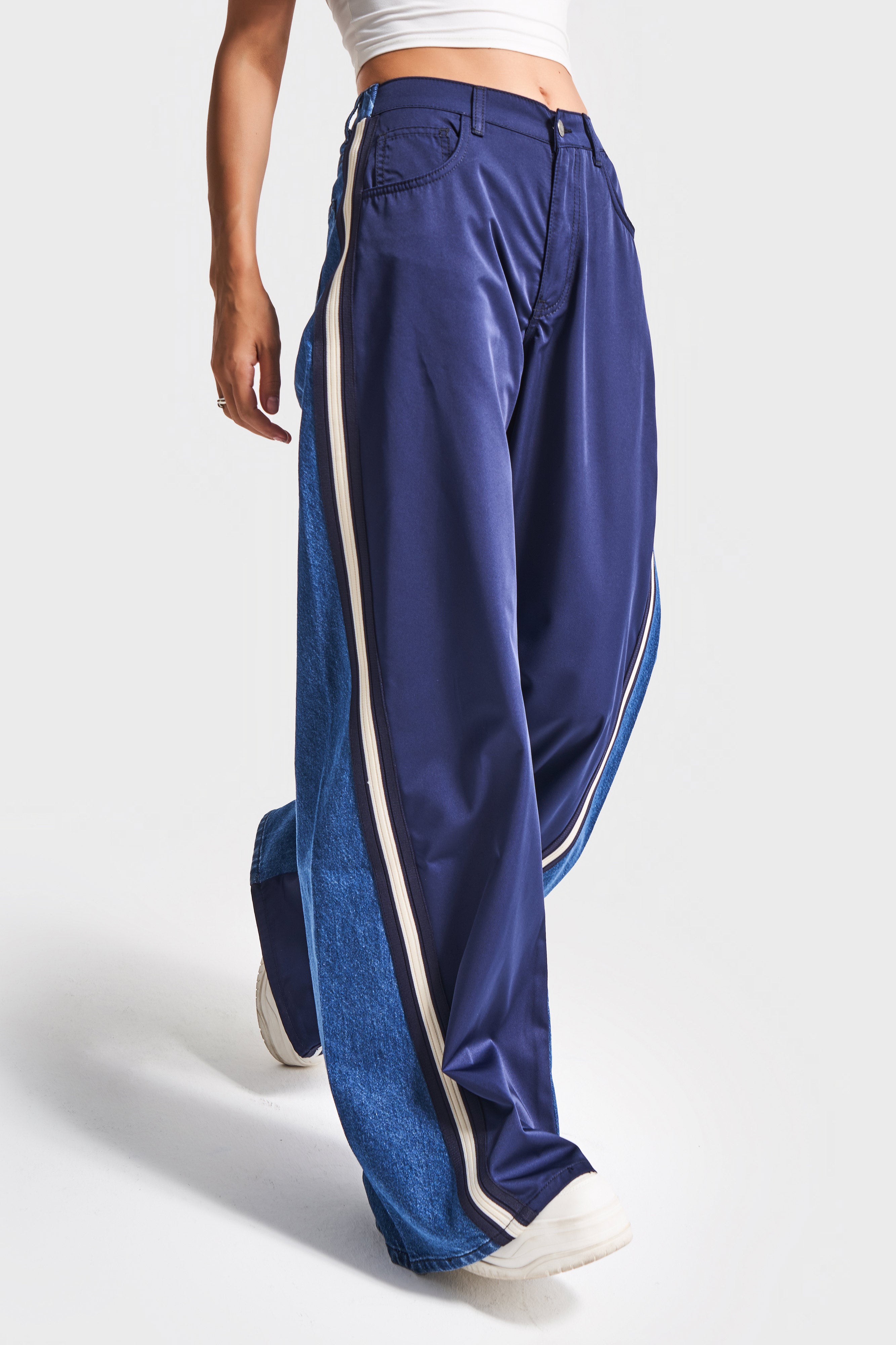Kadın Kot Rengi 1w5-5 Palazzo Fit Bol Kesim Parçalı Kumaş Özel Tasarım Denim Pantolon