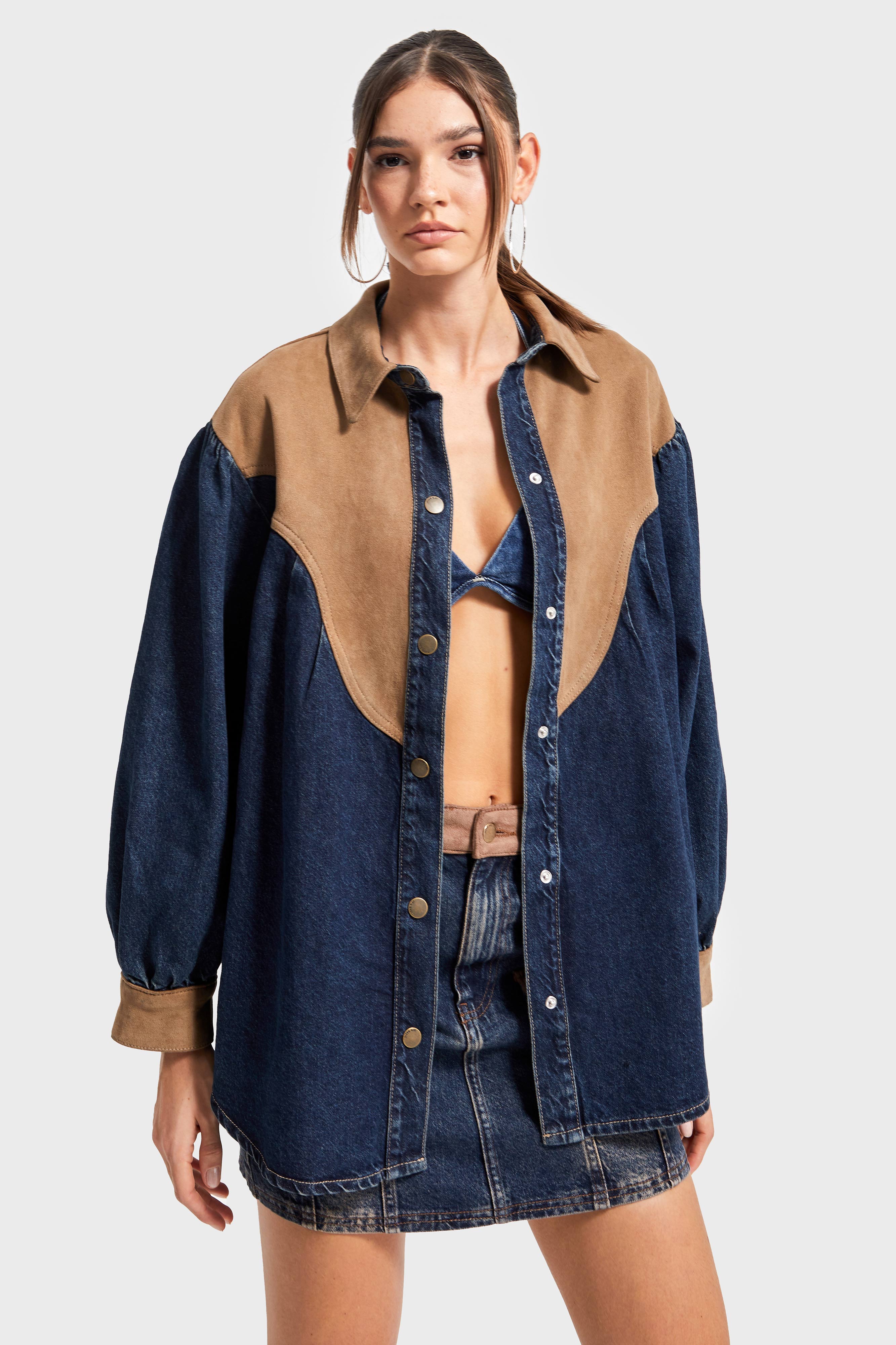 Kadın Kot Rengi 1w5-8 Oversize Süet Denim Karışımlı Özel Tasarım Gömlek