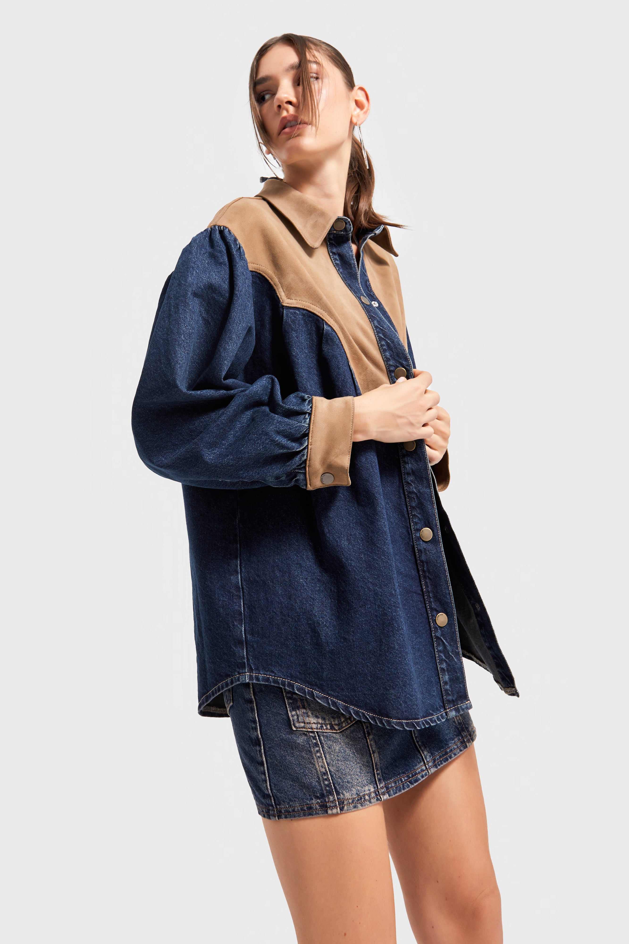 Kadın Kot Rengi 1w5-8 Oversize Süet Denim Karışımlı Özel Tasarım Gömlek