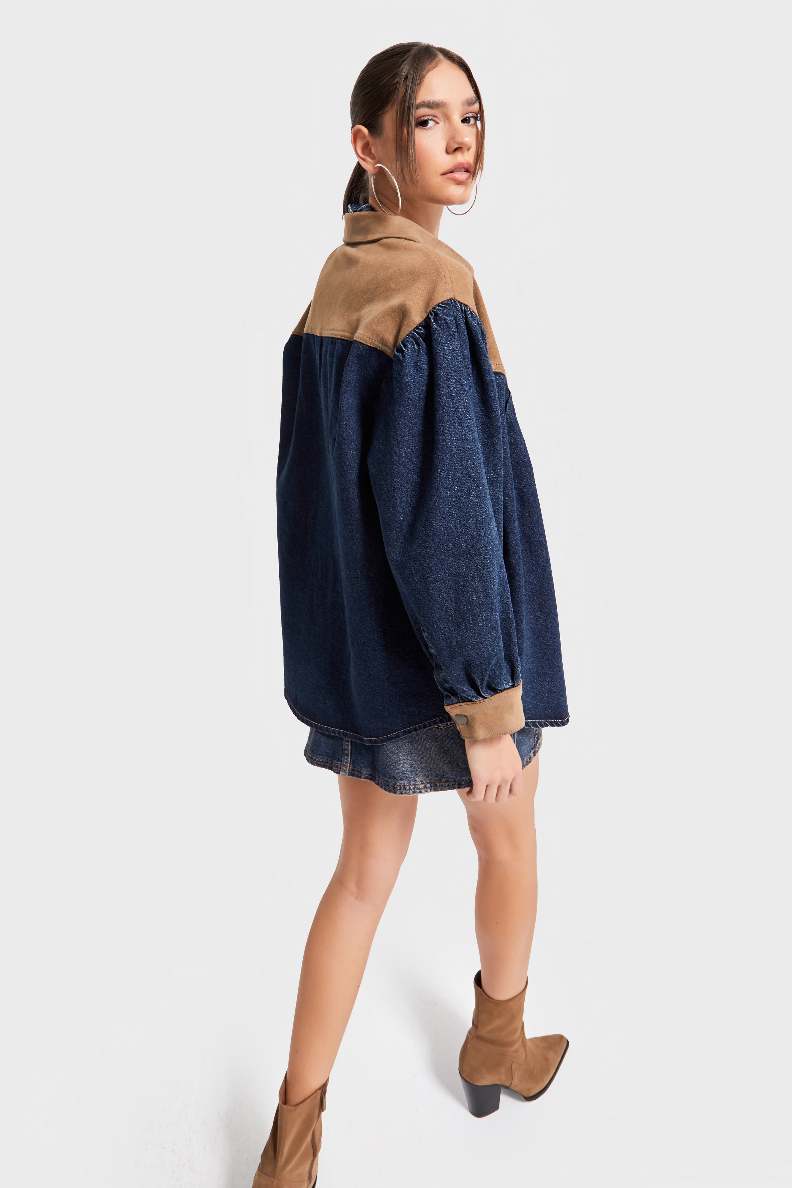 Kadın Kot Rengi 1w5-8 Oversize Süet Denim Karışımlı Özel Tasarım Gömlek