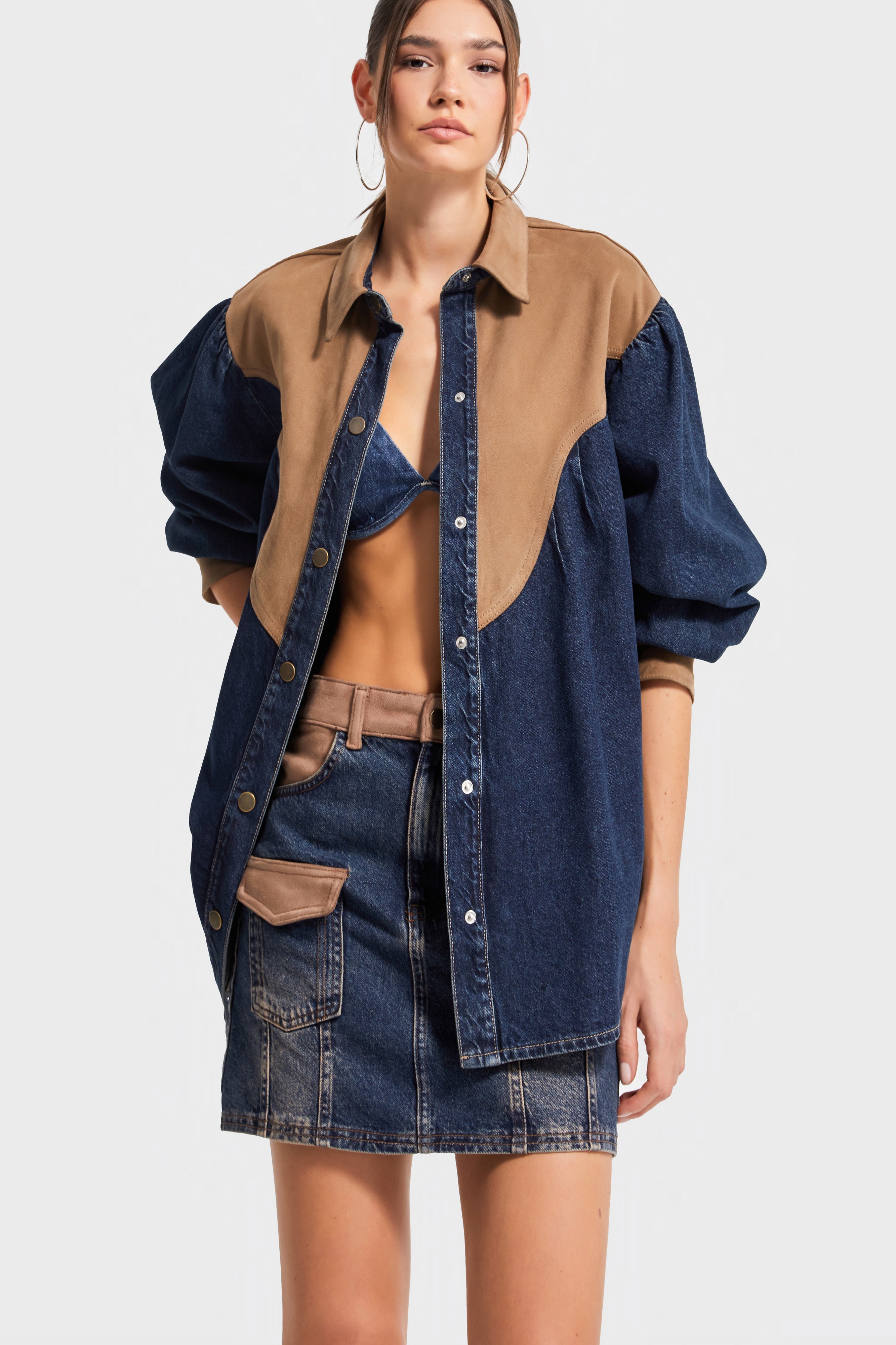 Kadın Kot Rengi 1w5-8 Oversize Süet Denim Karışımlı Özel Tasarım Gömlek