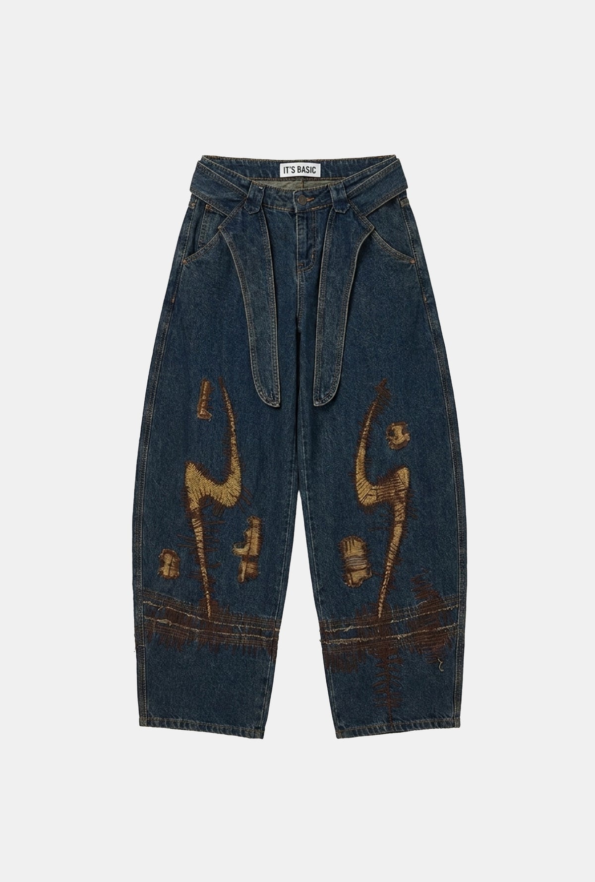 Kadın Kot Rengi 1w6-8 Barrel Fit Kemer ve Nakış Detaylı Özel Tasarım Denim Jean