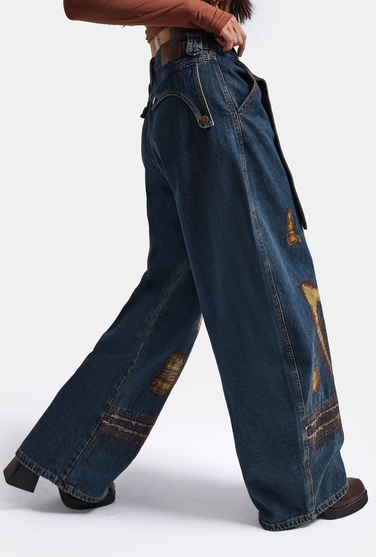 Kadın Kot Rengi 1w6-8 Barrel Fit Kemer ve Nakış Detaylı Özel Tasarım Denim Jean