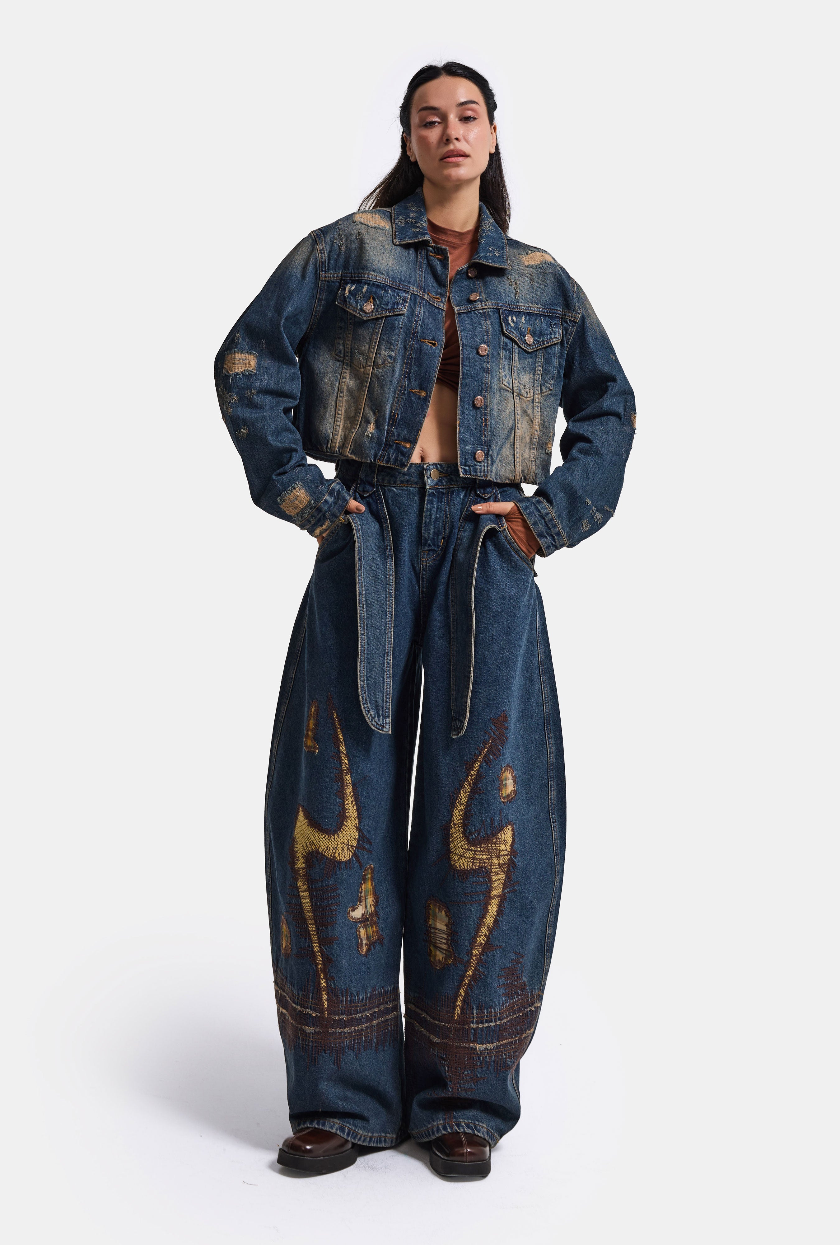 Kadın Kot Rengi 1w6-8 Barrel Fit Kemer ve Nakış Detaylı Özel Tasarım Denim Jean