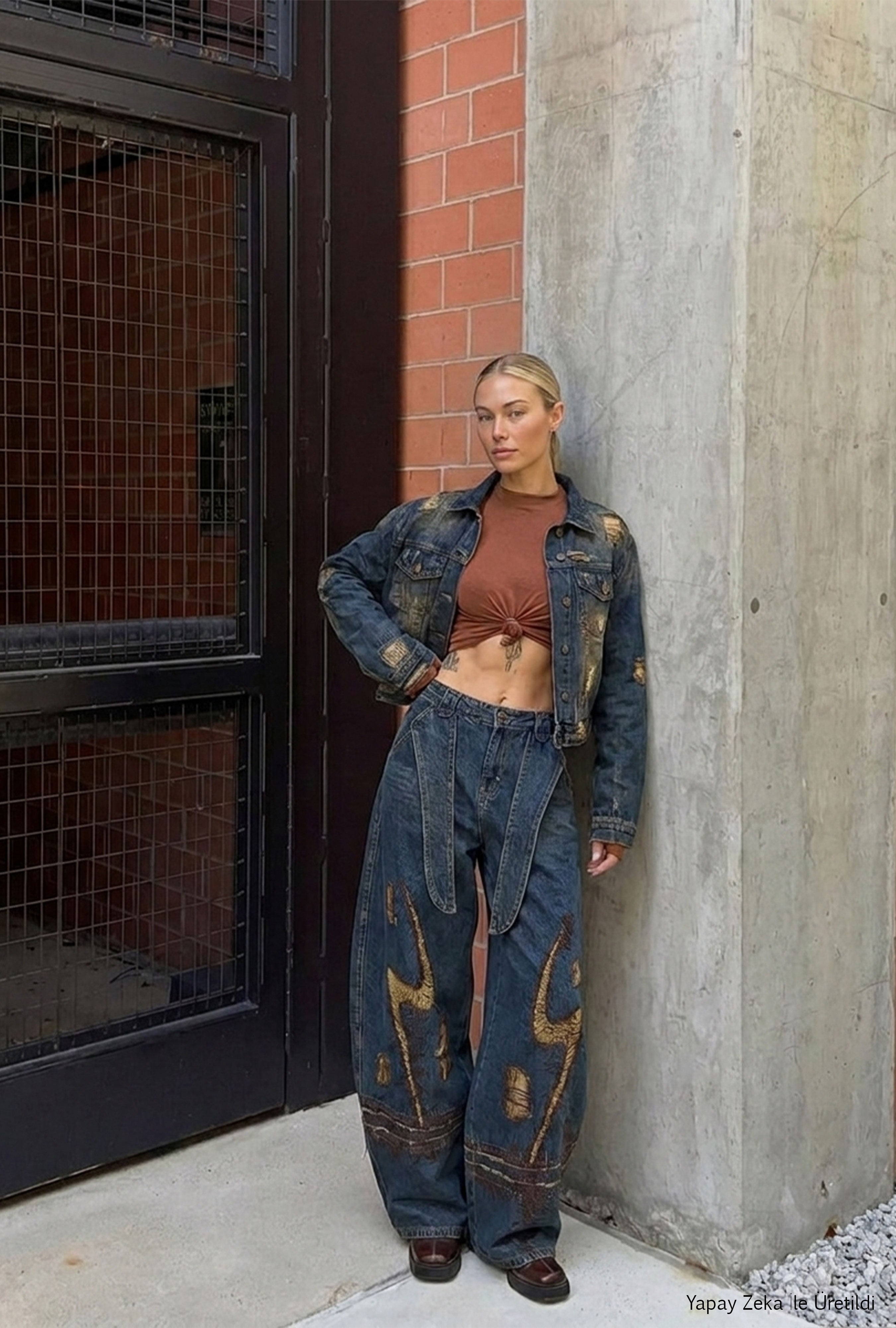 Kadın Kot Rengi 1w6-8 Barrel Fit Kemer ve Nakış Detaylı Özel Tasarım Denim Jean
