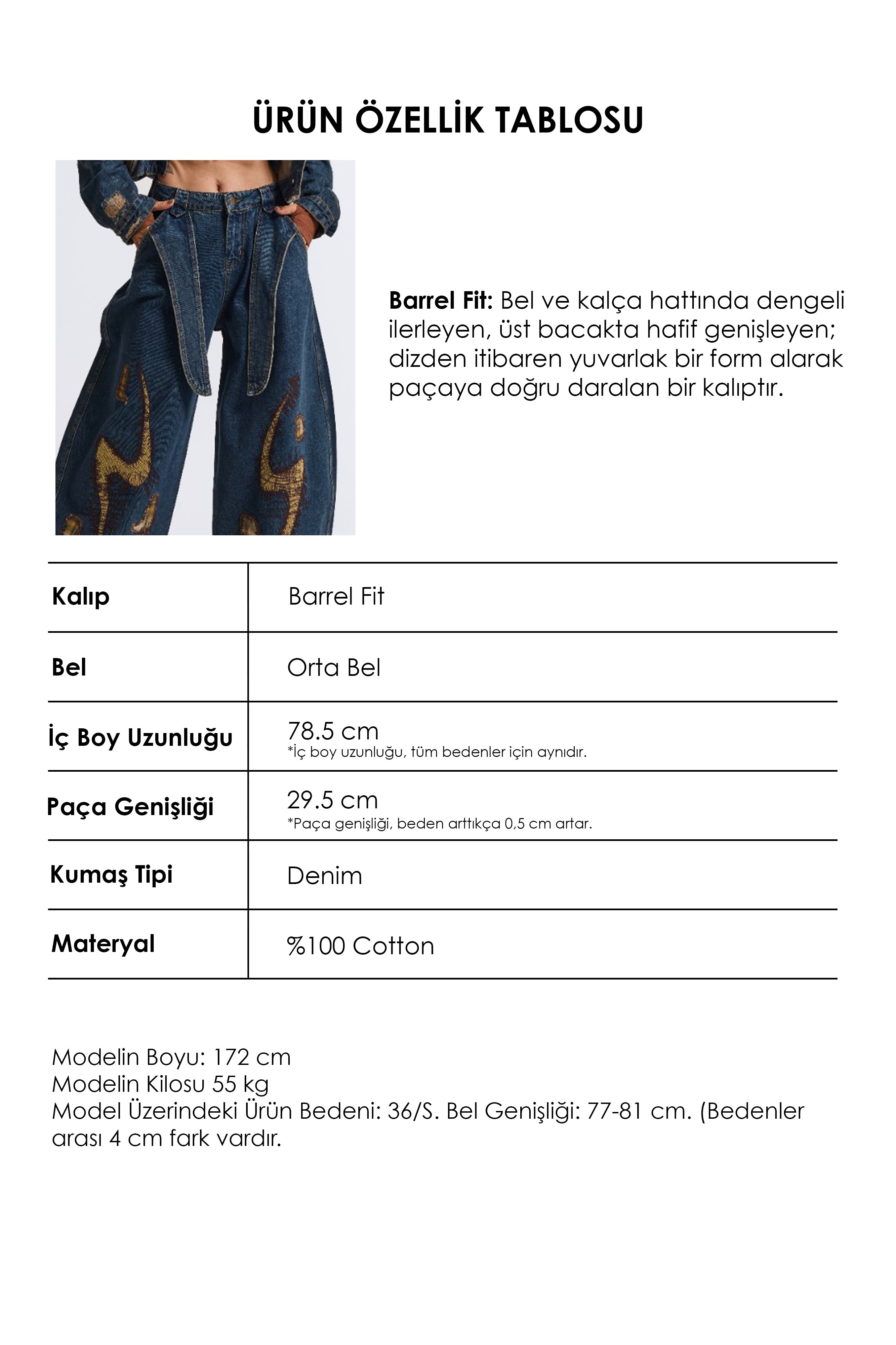 Kadın Kot Rengi 1w6-8 Barrel Fit Kemer ve Nakış Detaylı Özel Tasarım Denim Jean