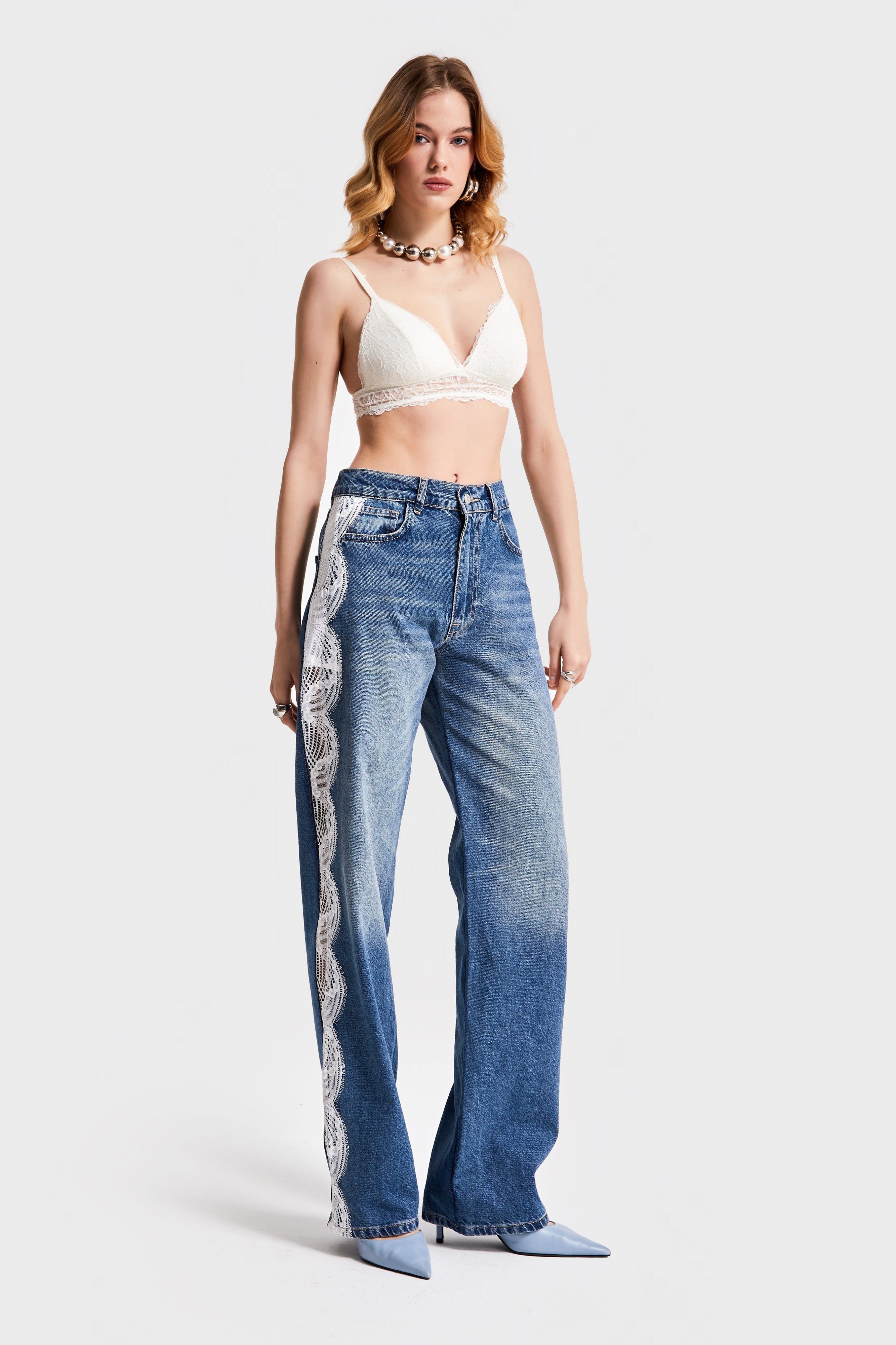 Kadın Kot Rengi 2S532 Yandan Dantel Detaylı Loose Fit Tasarım Denim
