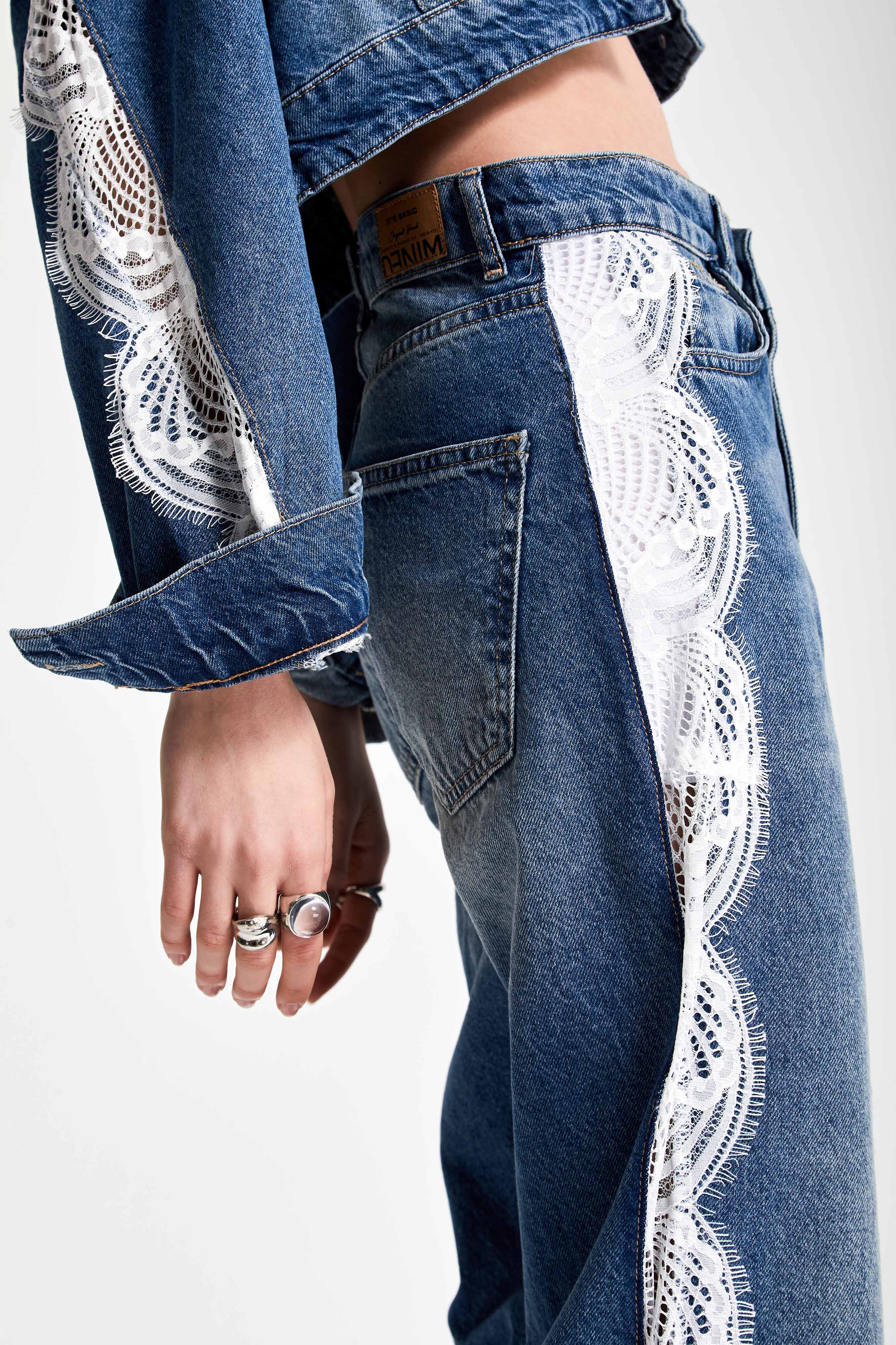 Kadın Kot Rengi 2S532 Yandan Dantel Detaylı Loose Fit Tasarım Denim