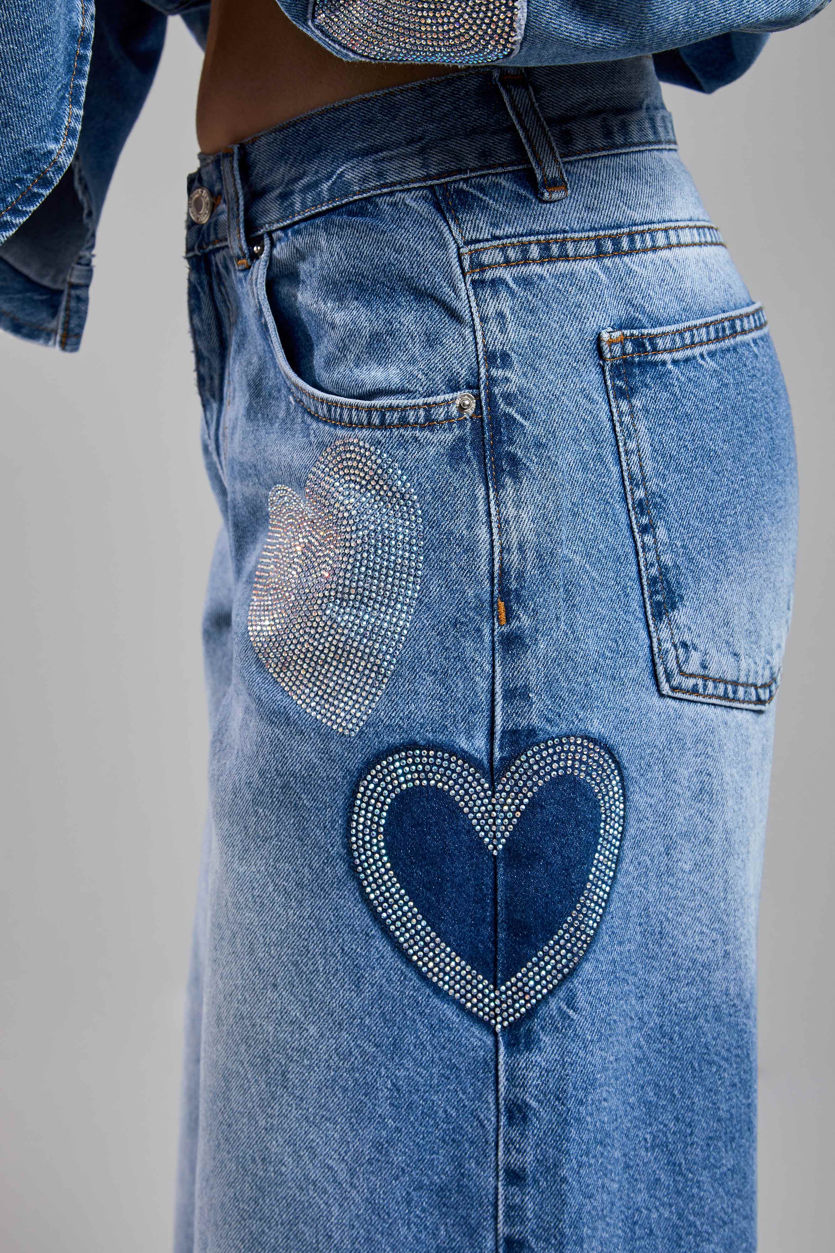 Women's Jeans Color 2S54 Shiny Stone Heart Detailed Loose Cut Design Denim