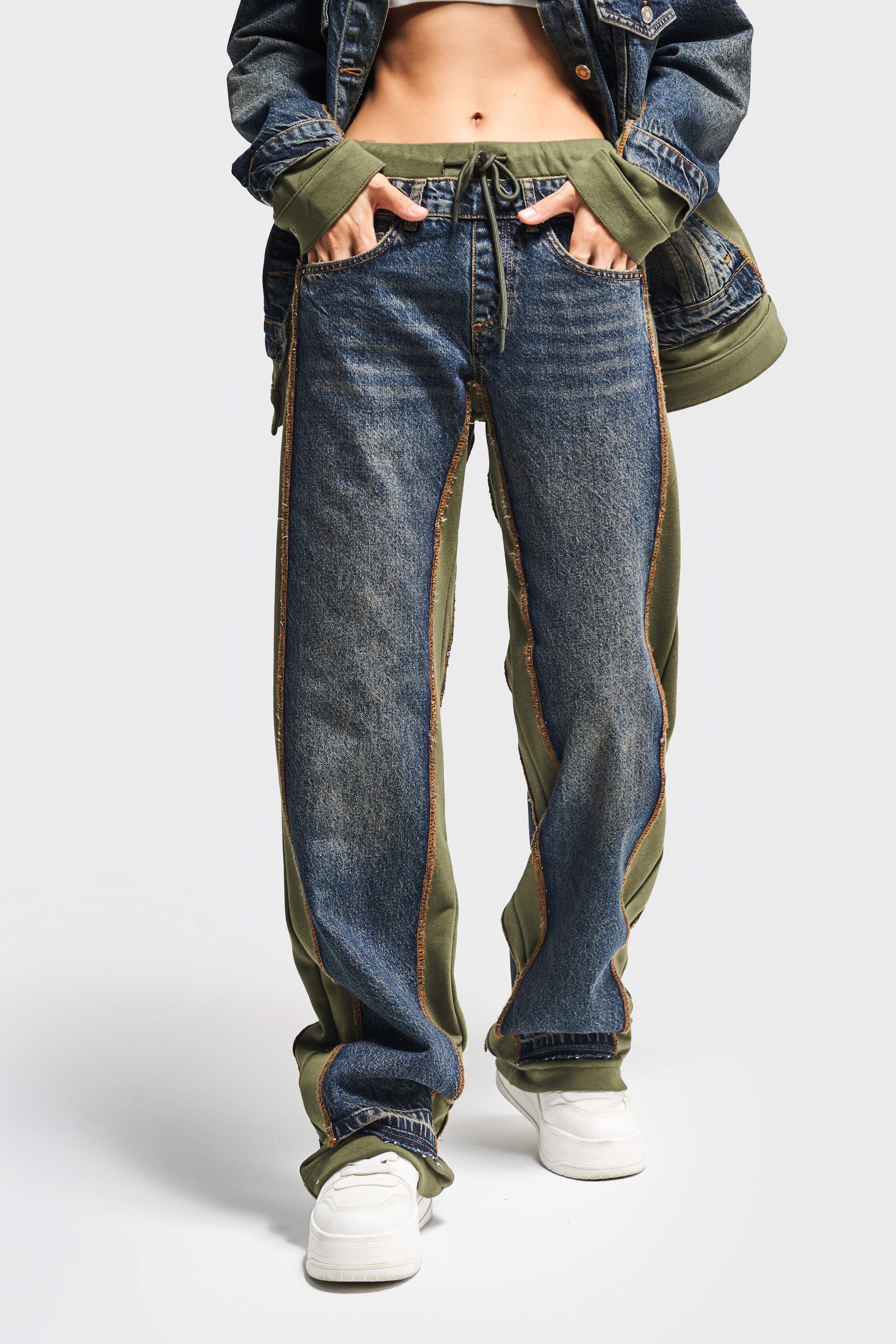 Women's Jeans Color 2w411 Loose Fit Double Piece Design Denim