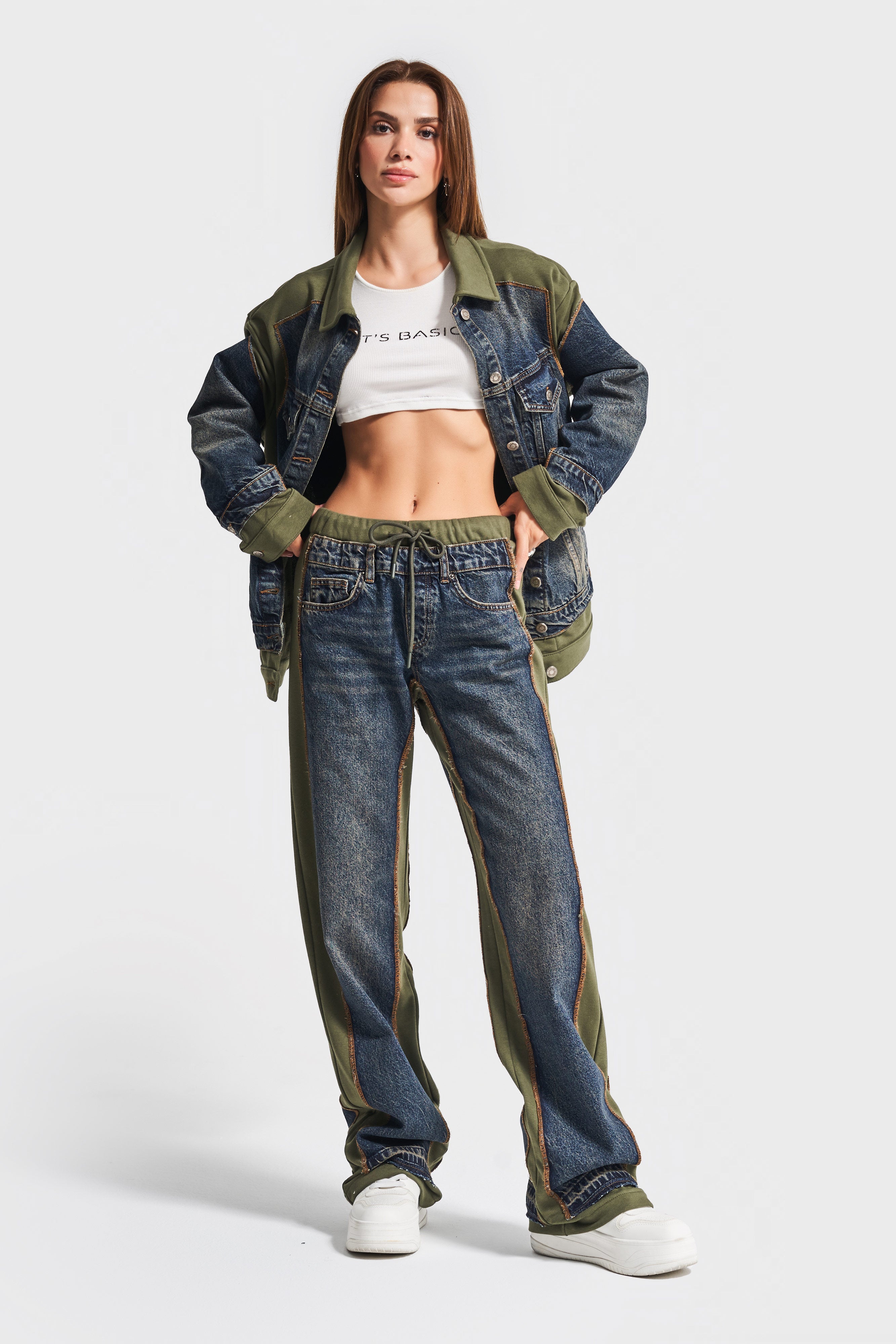 Women's Jeans Color 2w411 Loose Fit Double Piece Design Denim