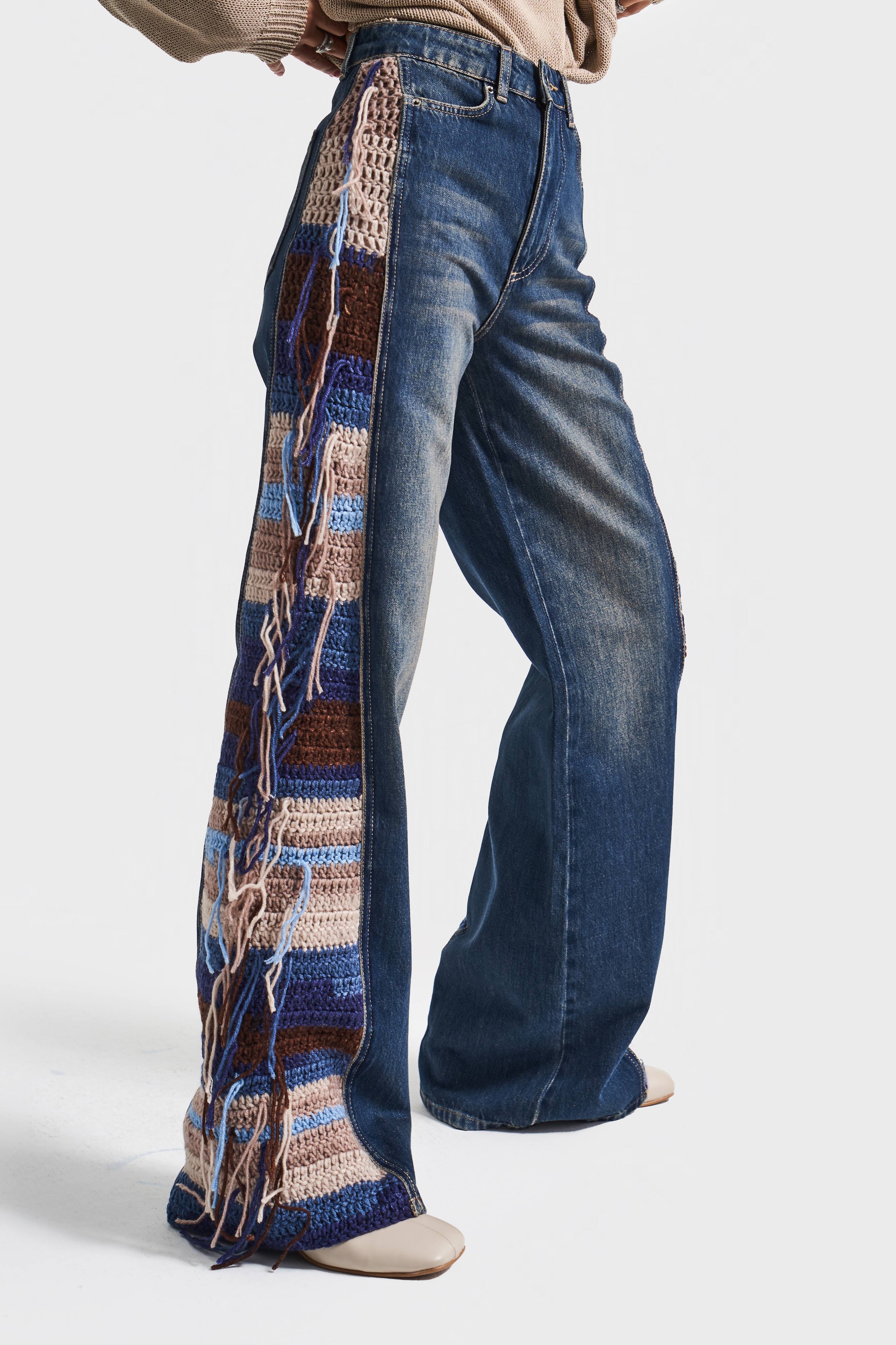 Kadın Kot rengi 2w5-8 Flare Palazzo Fit Etnik Örme Detaylı Viskon Kumaş Özel Tasarım Denim Jean