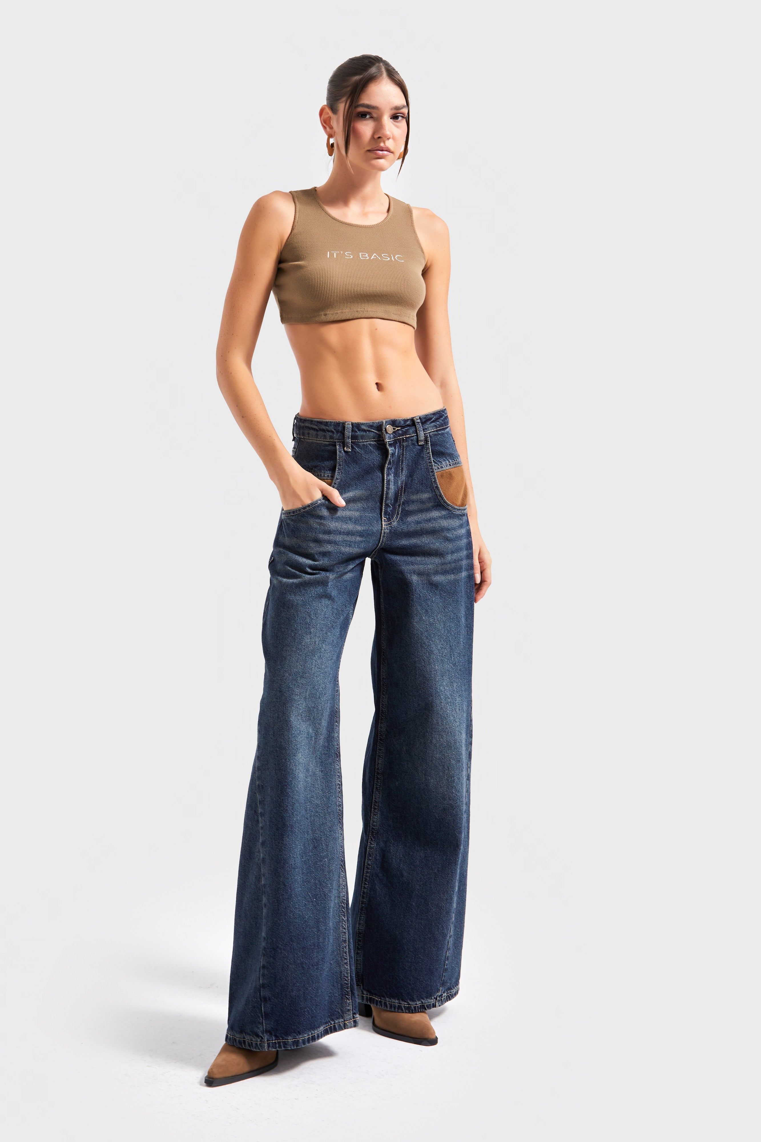 Kadın Kot Rengi 2w5-8 Palazzo Fit Cep Detaylı Süper Bol Kesim %100 Koton İç Boy 83cm Denim Jean