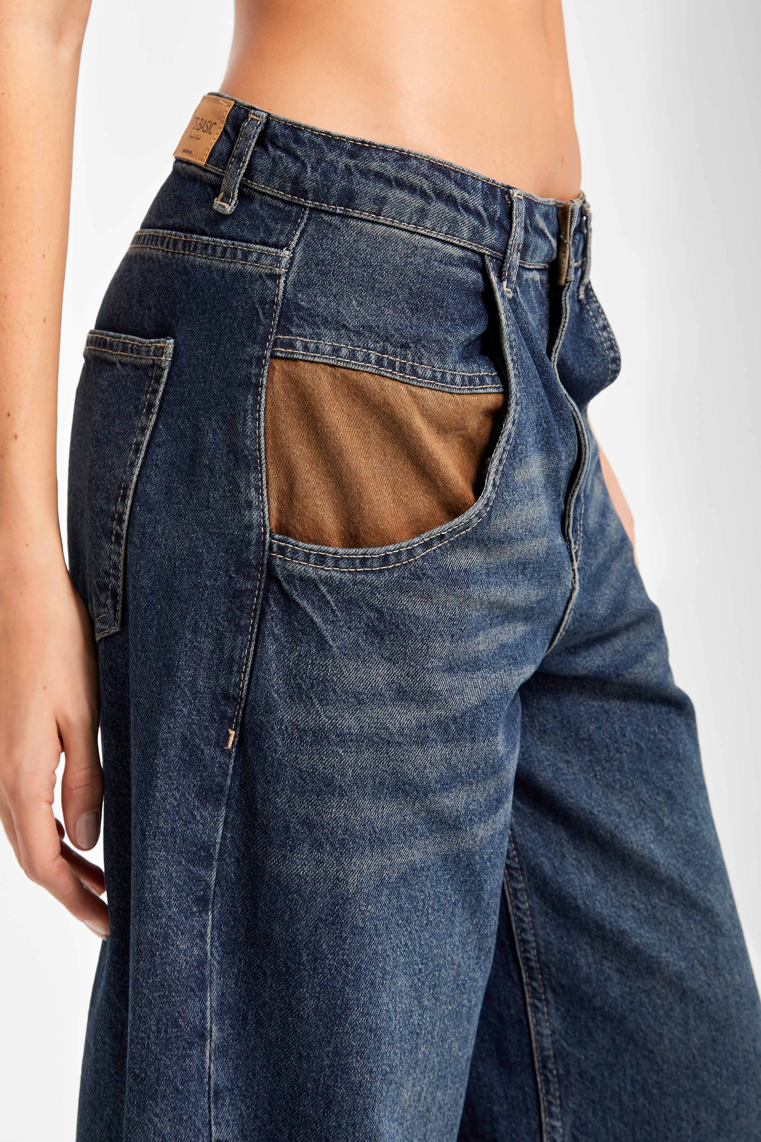Kadın Kot Rengi 2w5-8 Palazzo Fit Cep Detaylı Süper Bol Kesim %100 Koton İç Boy 83cm Denim Jean