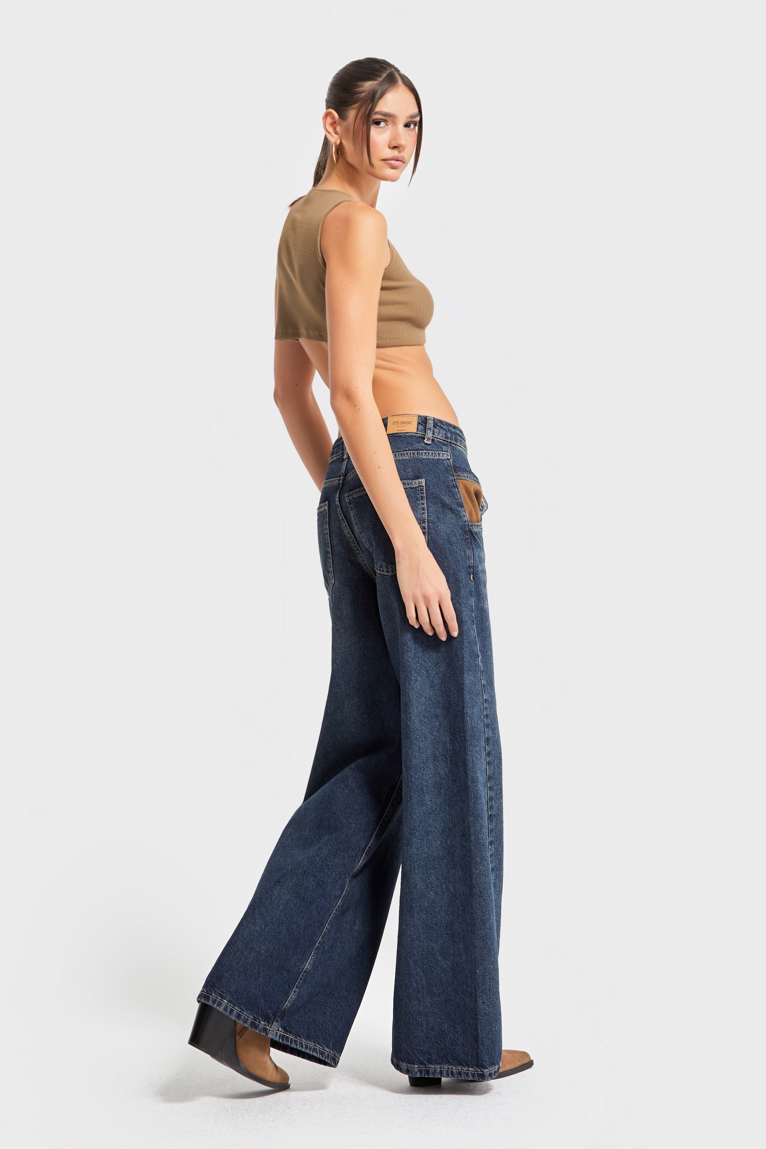 Kadın Kot Rengi 2w5-8 Palazzo Fit Cep Detaylı Süper Bol Kesim %100 Koton İç Boy 83cm Denim Jean