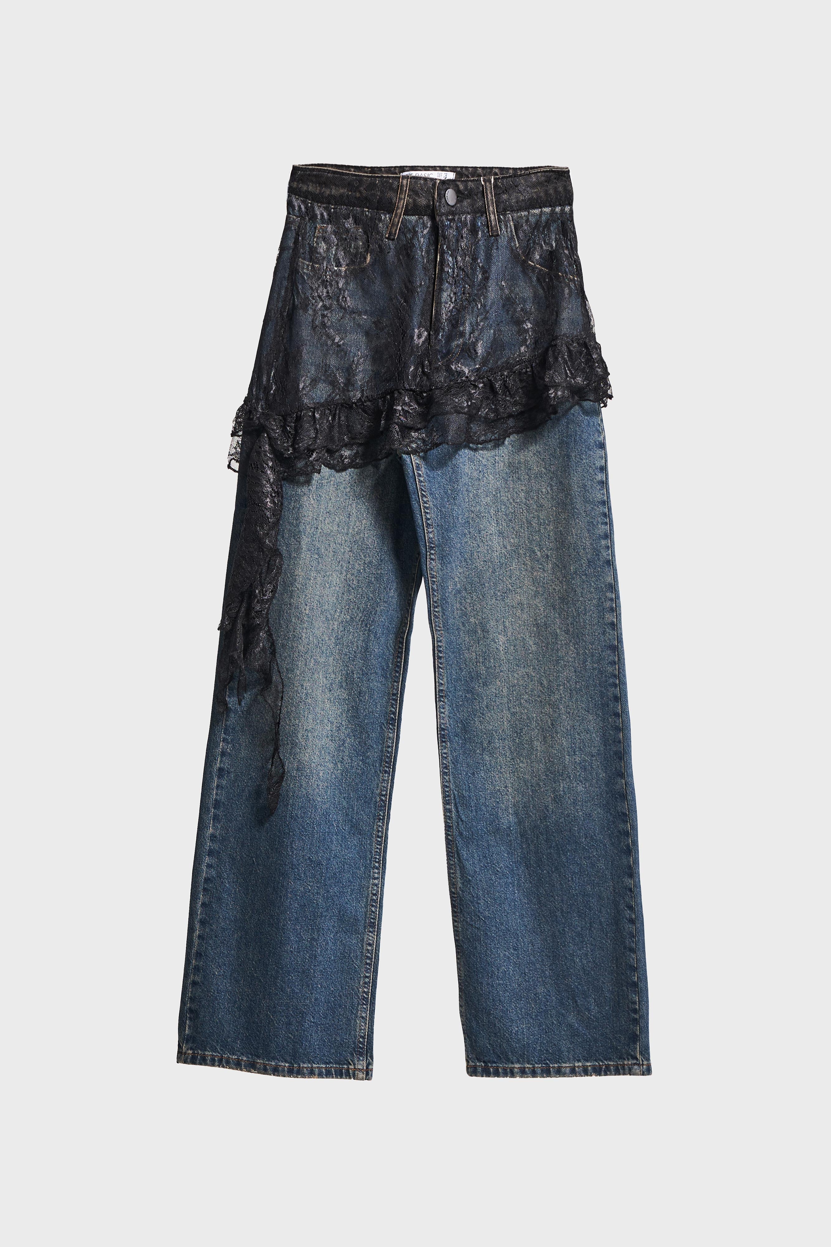 Kadın Kot Rengi 2w5-8 Straight Fit %100 Koton Dantel Detaylı Etek Özel Tasarım Denim Jean